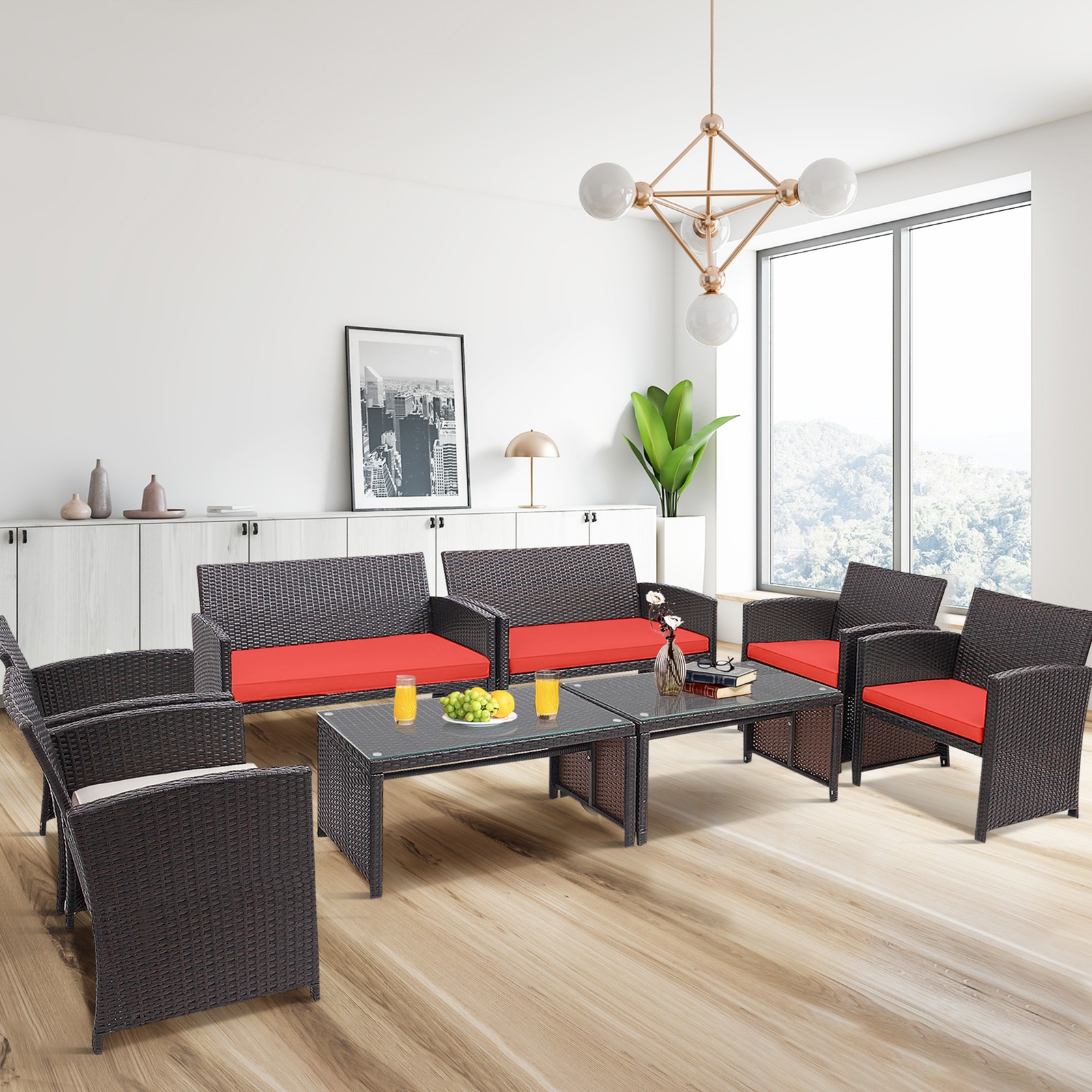8PCS Patio Conversation Set Outdoor Rattan Furniture Set w/ Red Cushions