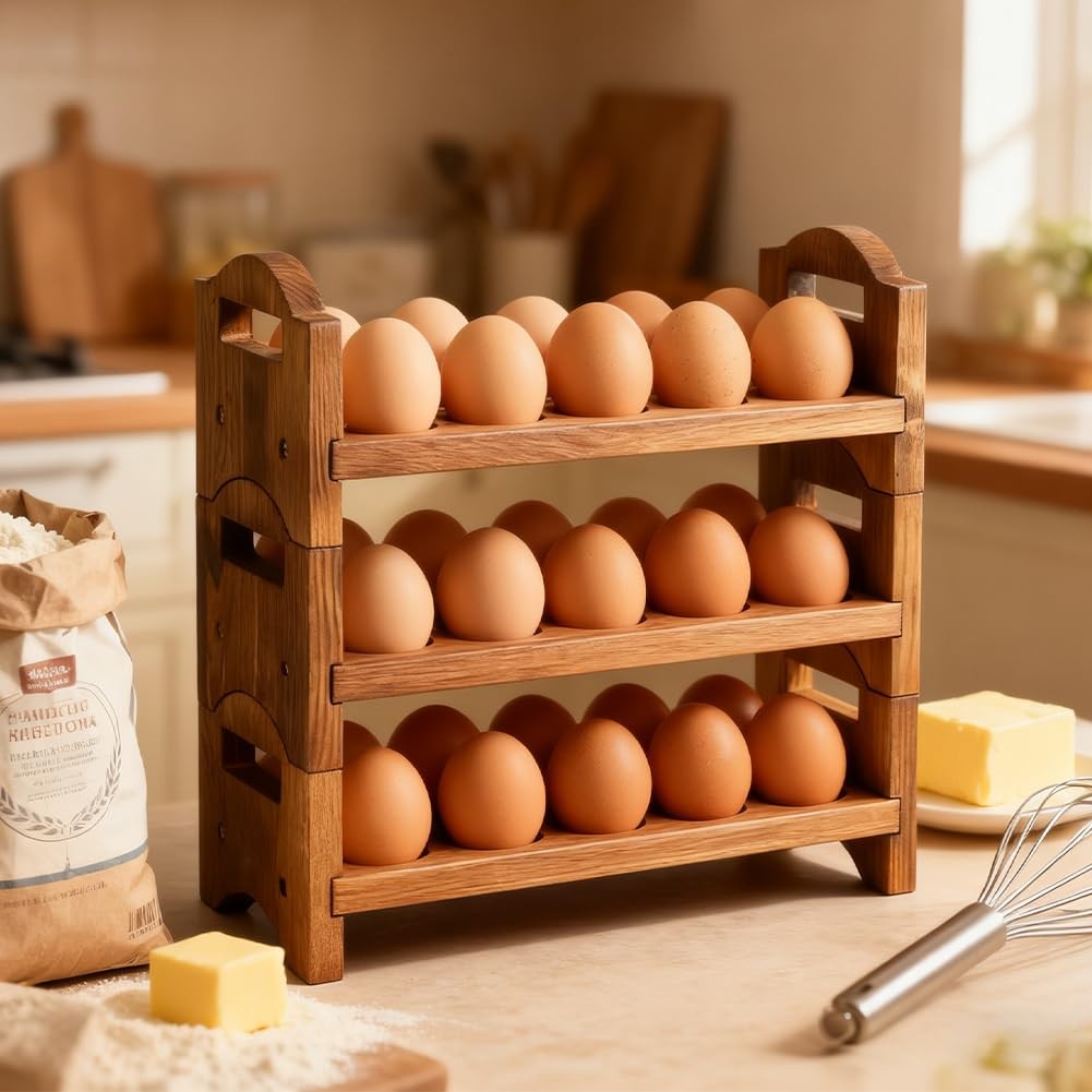 3-Tier Wooden Egg Holder Countertop Storage 36-Hole Stackable Rack Fresh