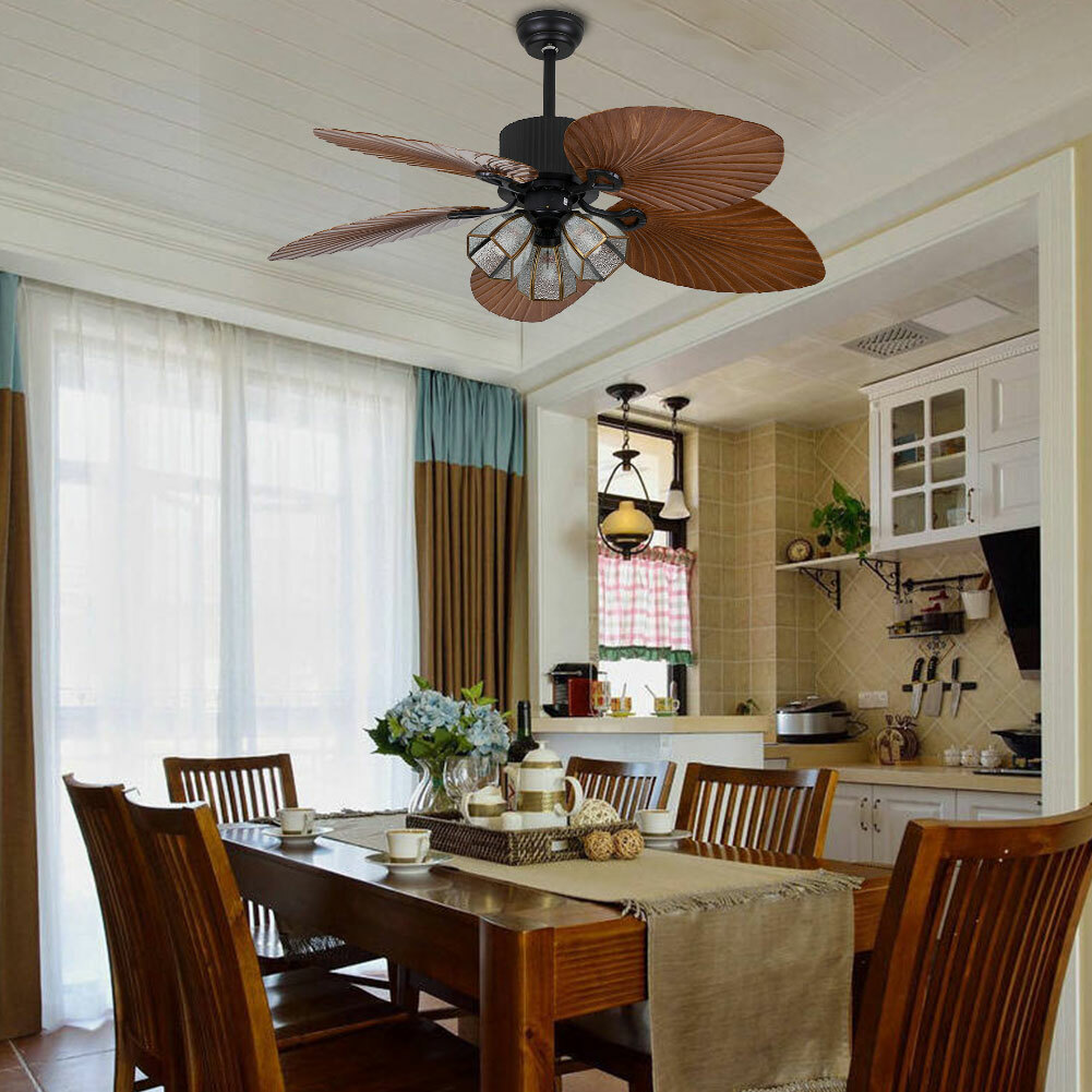52'' Ceiling Fan w/ LED Light With Remote Control 5 Blades Tropical Palm Leaf