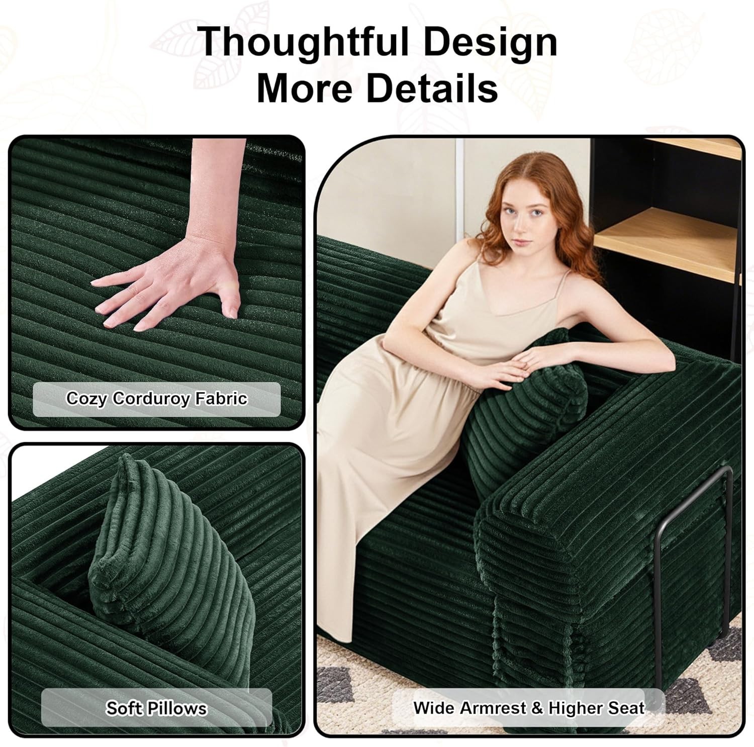 Boneless Convertible Couch Corduroy Sofa with 2 Pillows + Removable Backrest