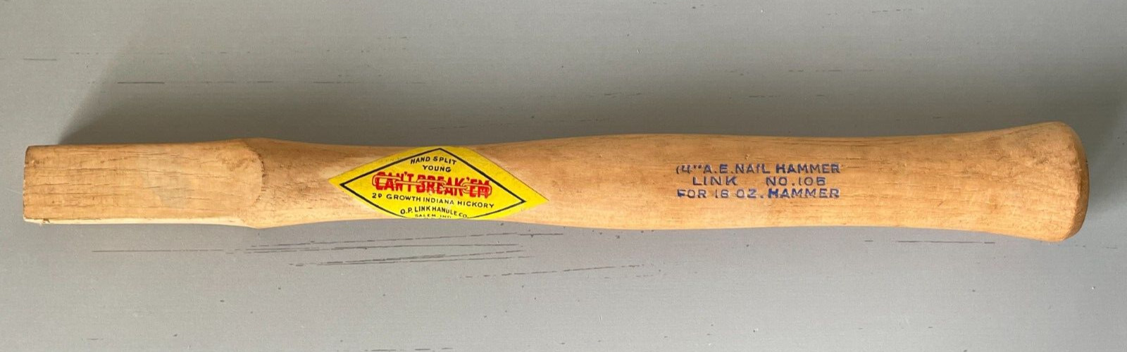 OP Link Handle Co CAN'T BREAK 'EM Vtg #105 Hickory Wood 14" For A.E. Nail Hammer