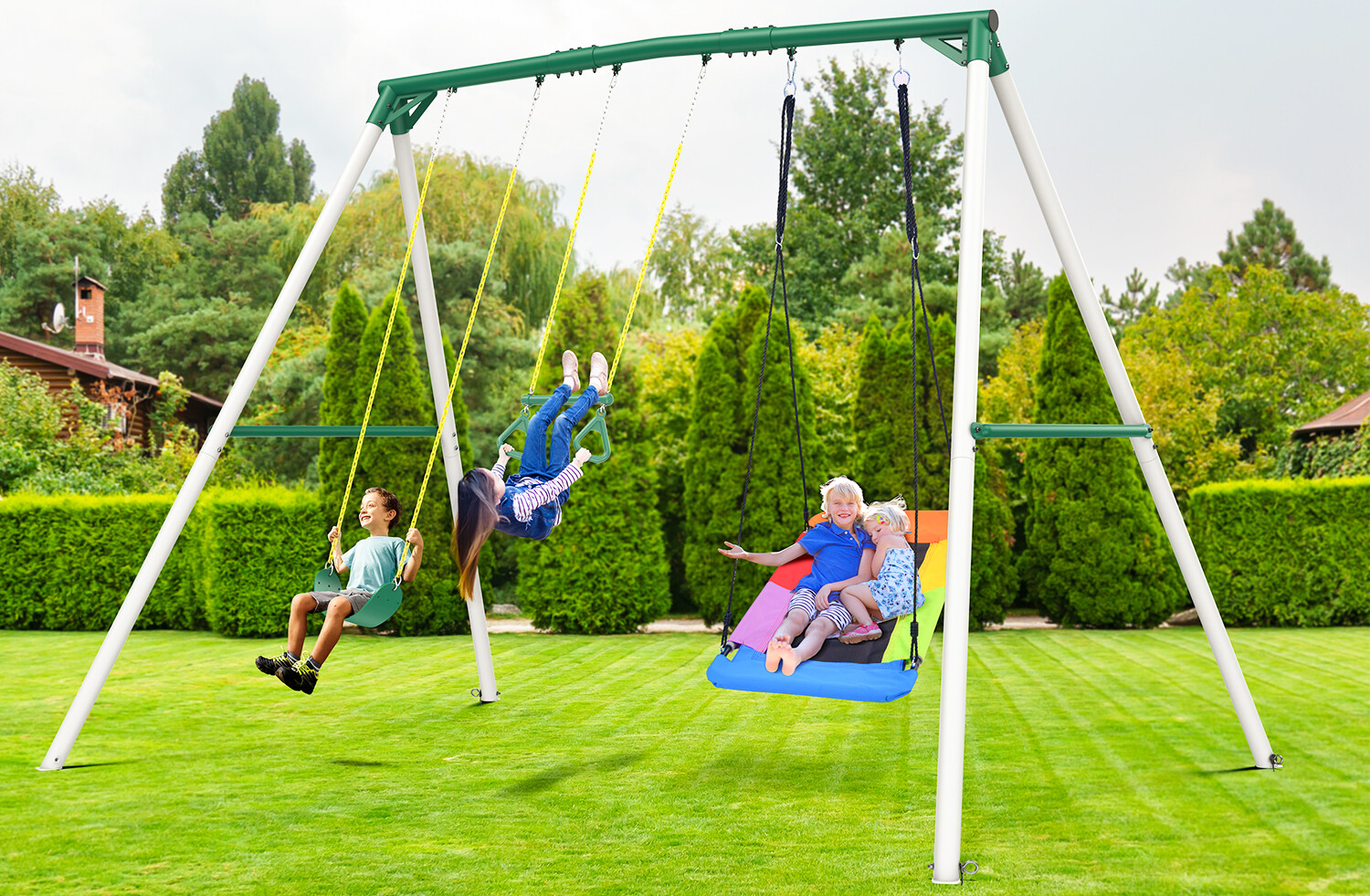 700 LBs Heavy Duty Swing Set Weatherproof Kids &Adult With 3 Swings, Trapeze Bar