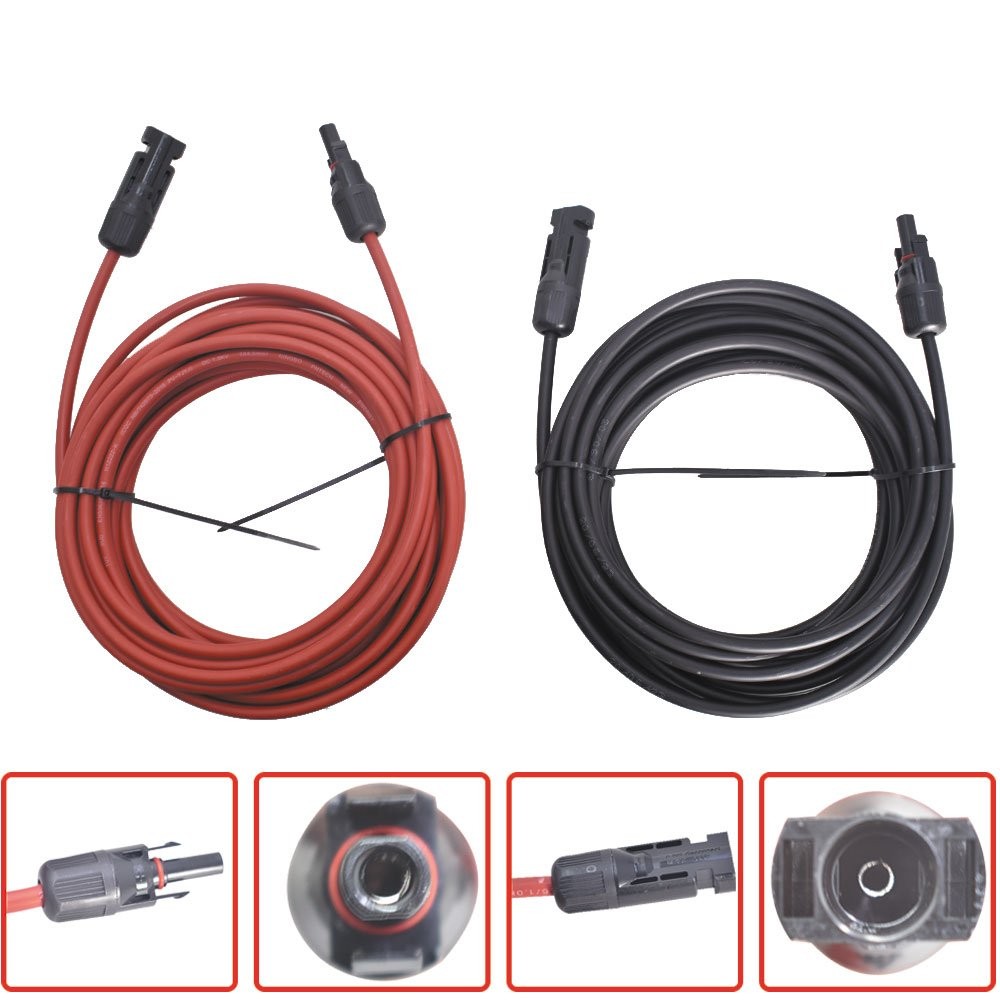 Solar Panel Extension Cable Wire Connector 30 FT Black + Red 12AWG 1 Pair