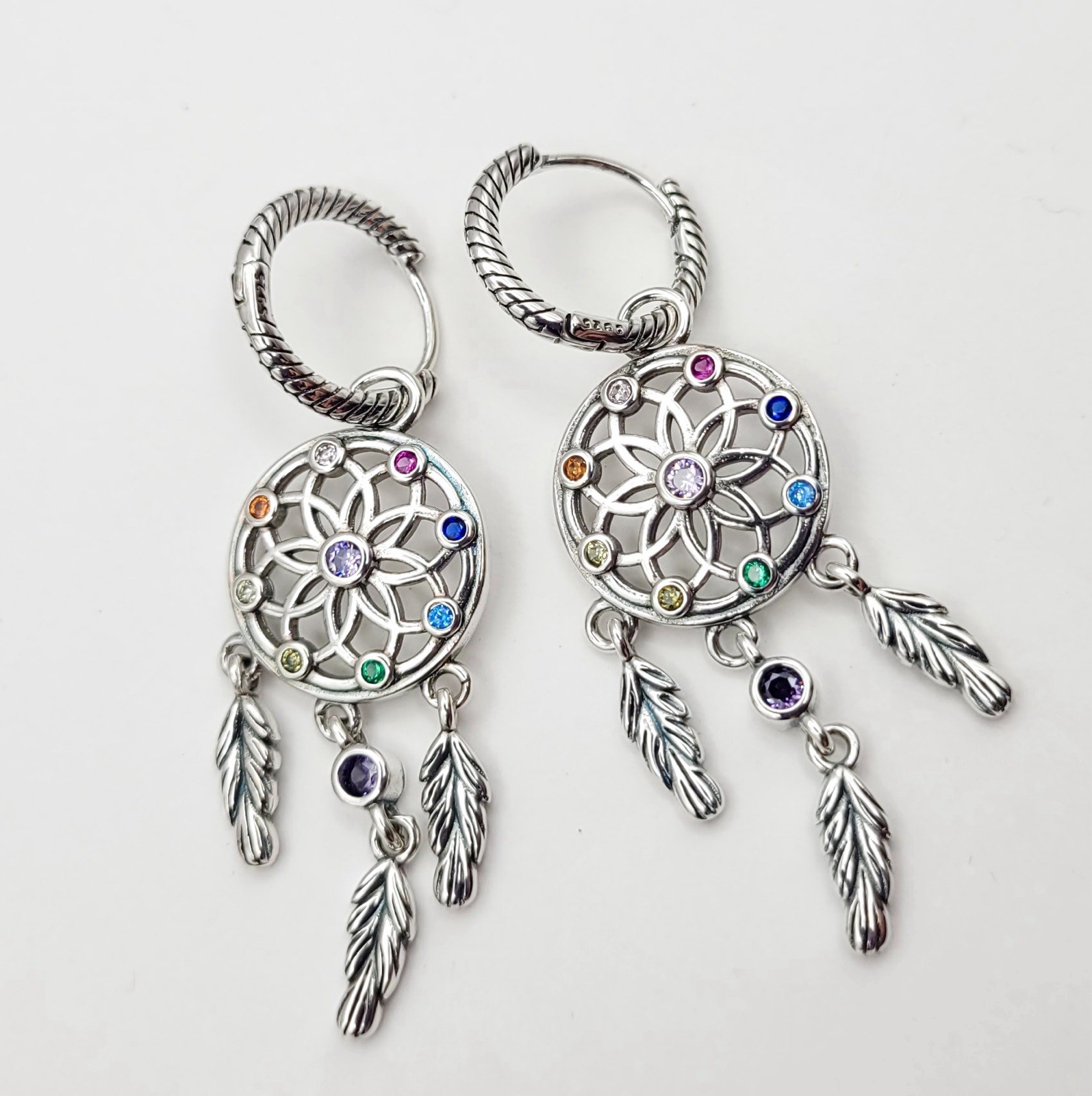 925  Sterling Silver Colorful Hoop Dreamcatcher Earrings