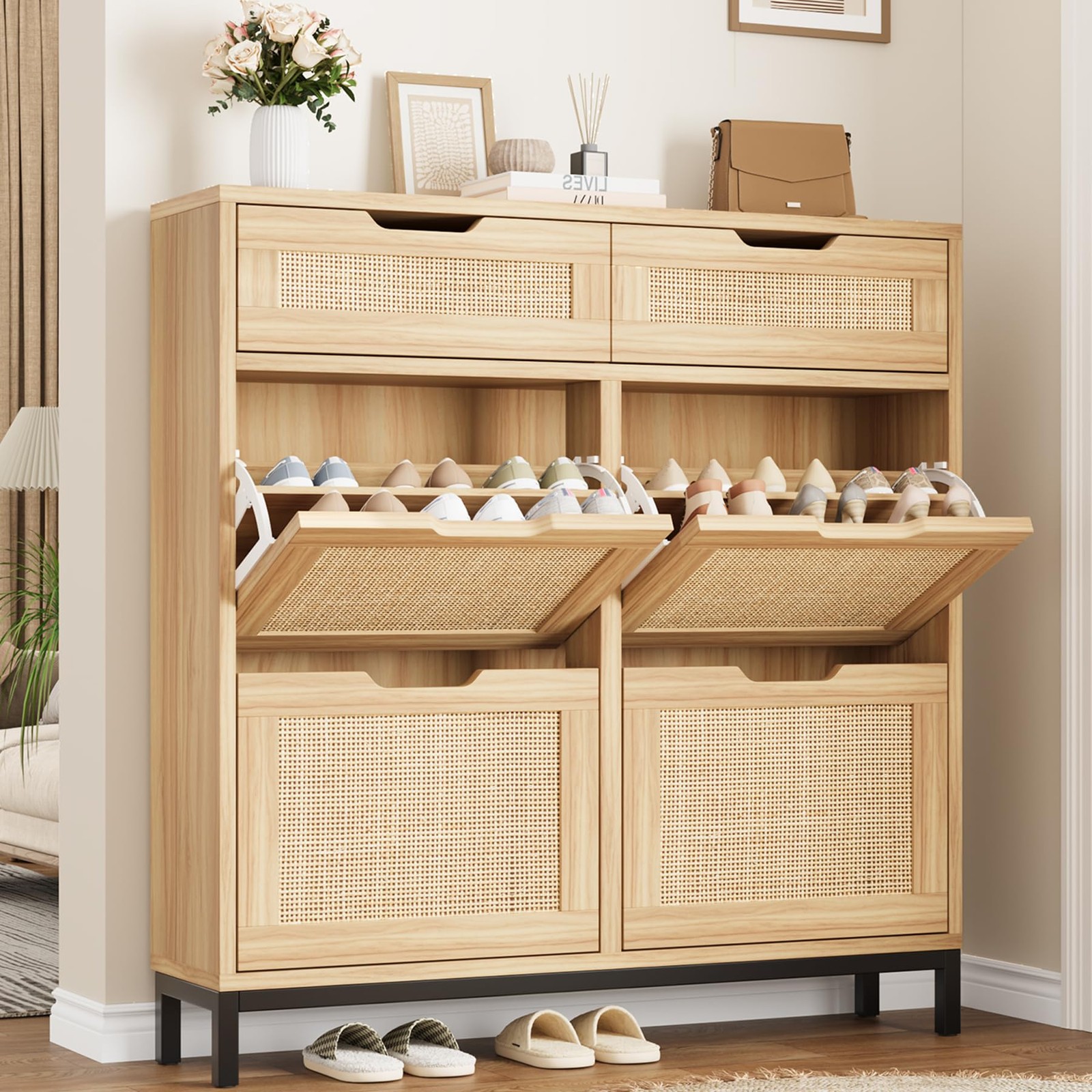 Rattan Shoe Cabinet for Entryway with 4 Flip Drawers and 2 Drawers, Narrow Fr...