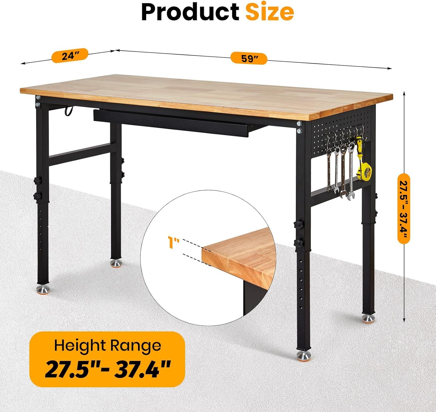 60" Adjustable Workbench with Drawer Work Table for Garage, Office, Home