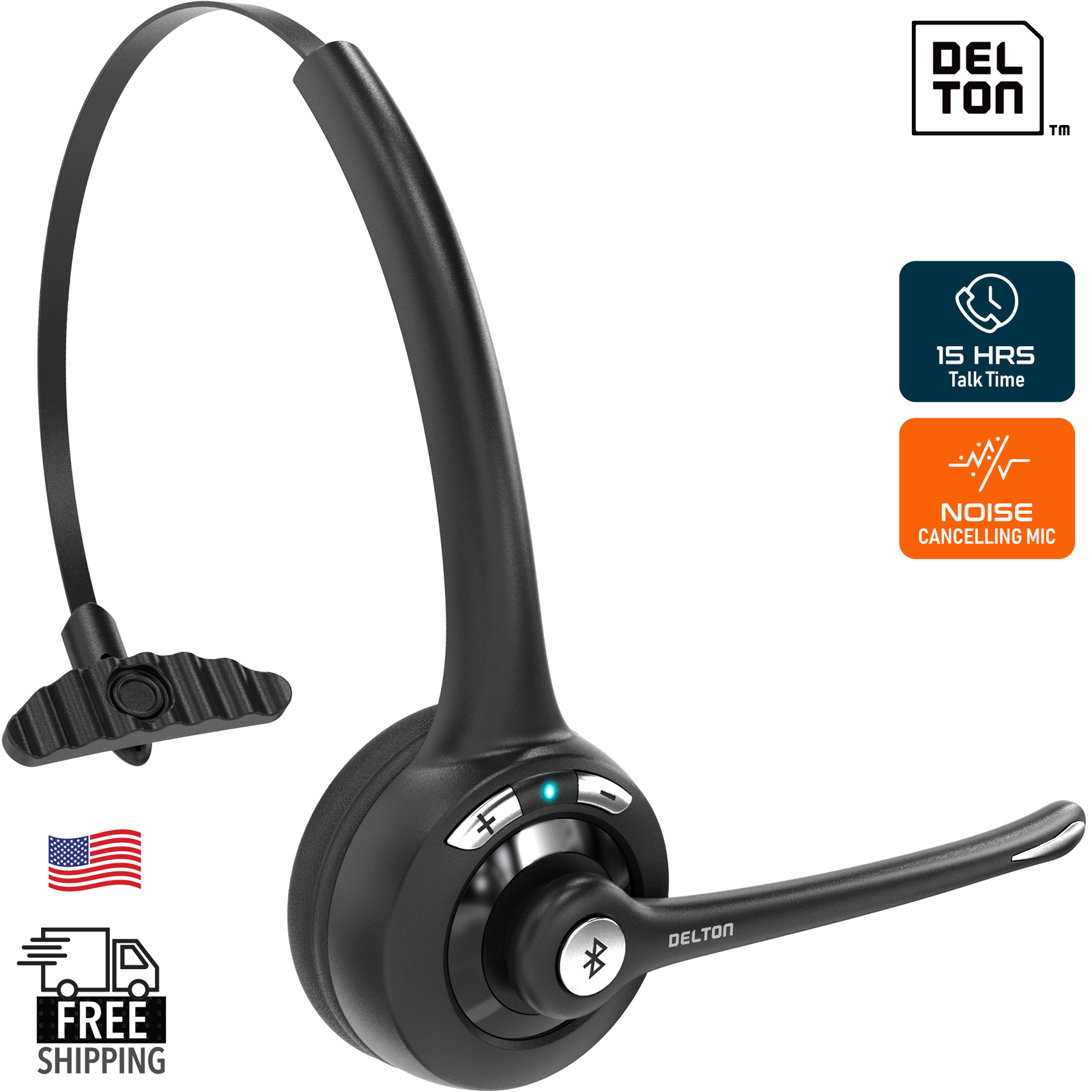 Delton 10X Wireless Noise Canceling Bluetooth Mono Computer Headset - Black