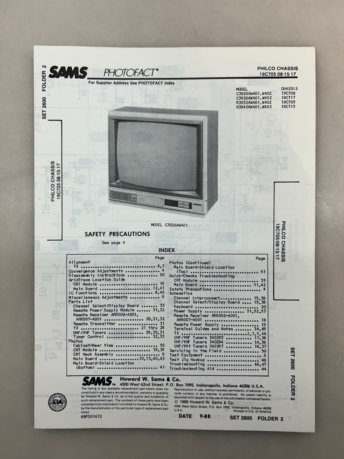 Philco 19C705 Service Manual Sams Photofact Free Shipping
