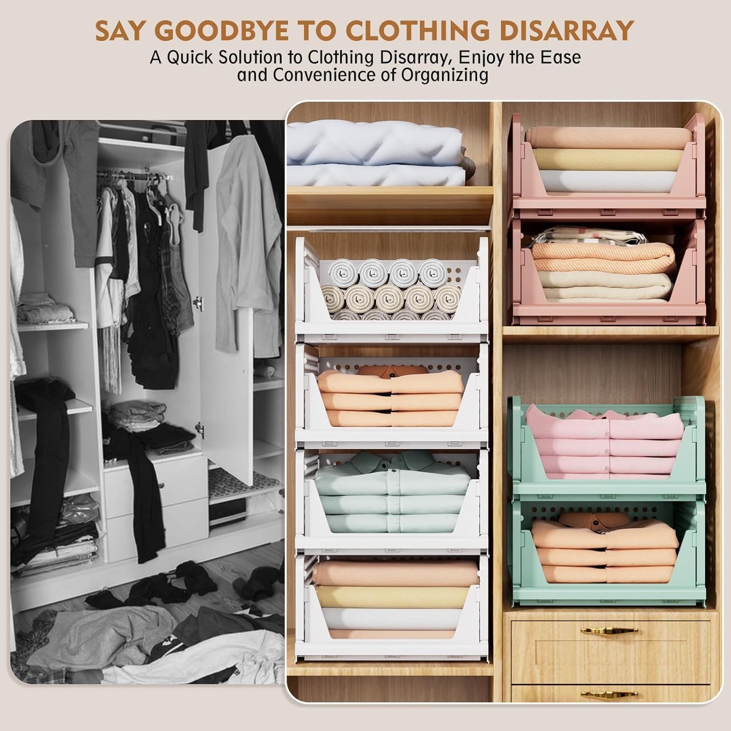 5 Pack Stackable Closet Storage Basket, Multifunctional & Foldable Closet Organi