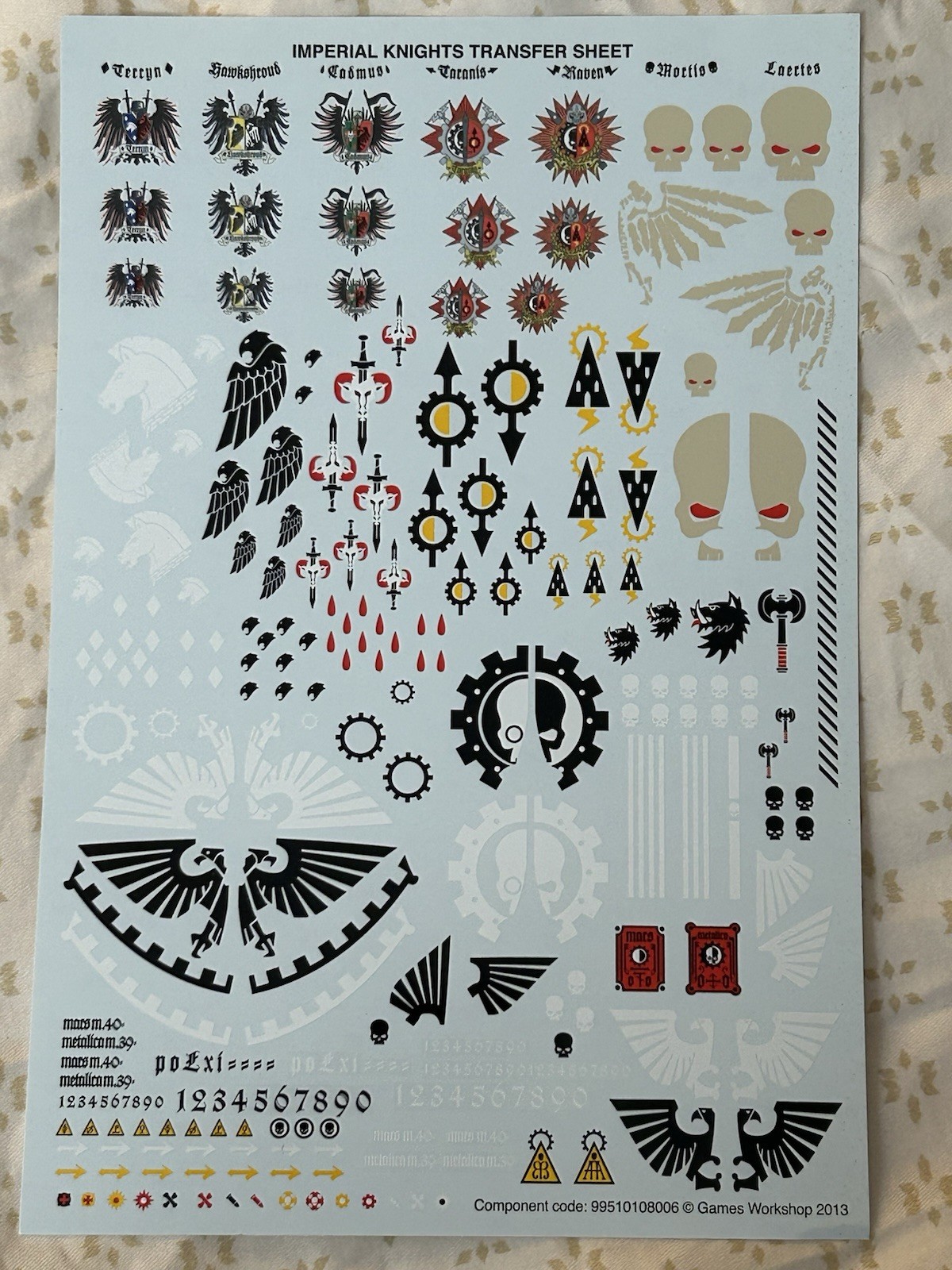 Warhammer 40k Imperial Knight 2013 2014 ORIGINAL DECAL TRANSFER SHEET — OOP RARE