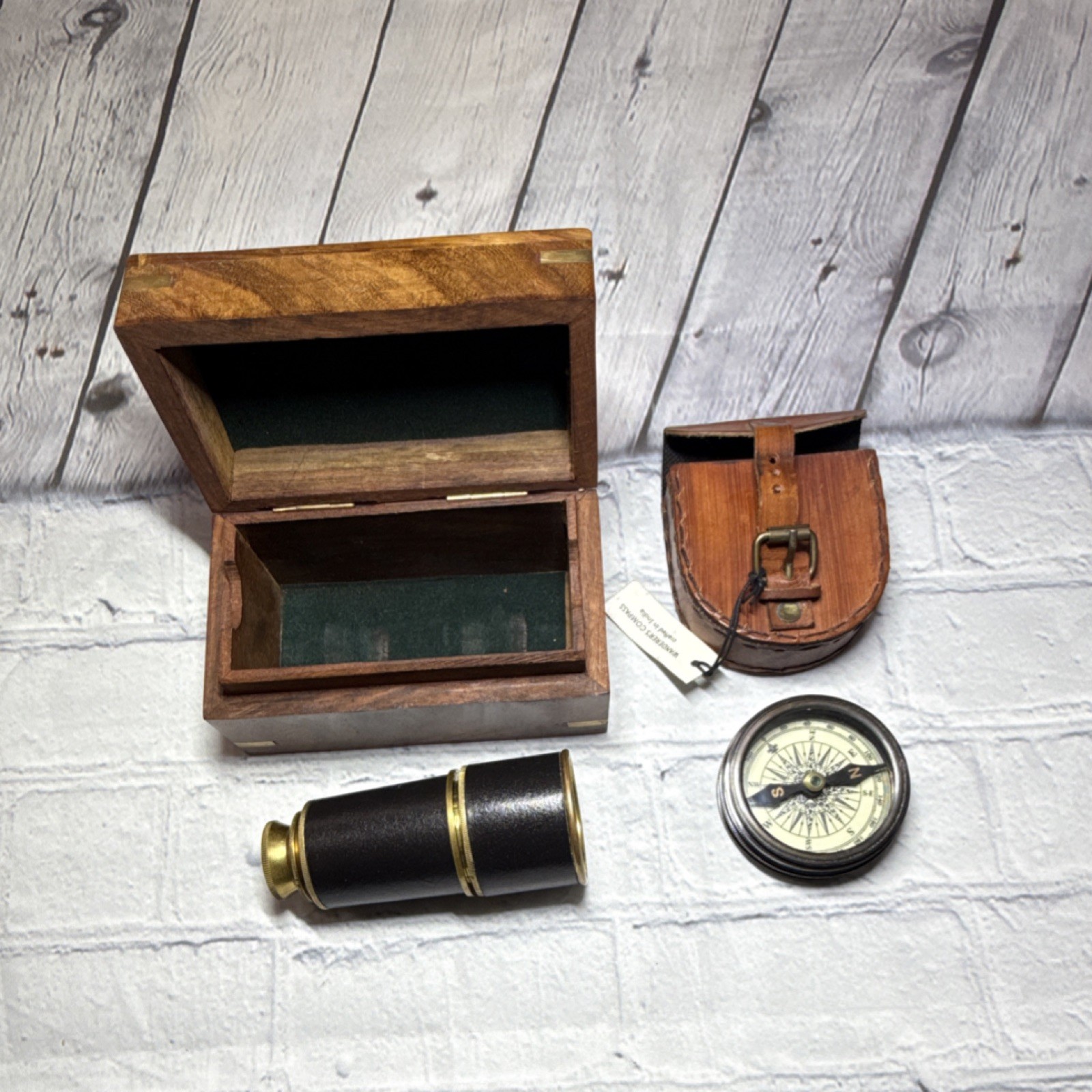 Brass Spyglass with Leather, Wood Box and Compass Antique Vintage Telescope