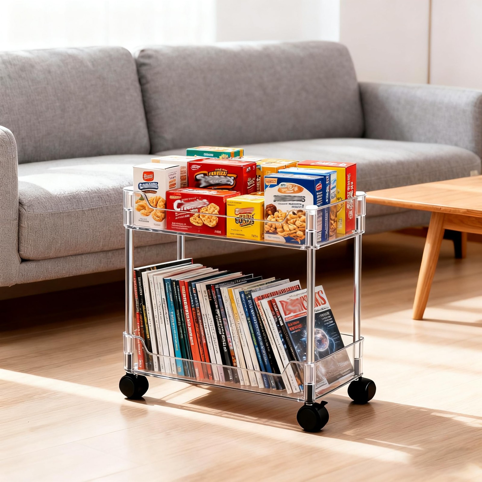 2 Tier Utility Rolling Cart Storage Organizer Wheels Transparent 8.85 Inch
