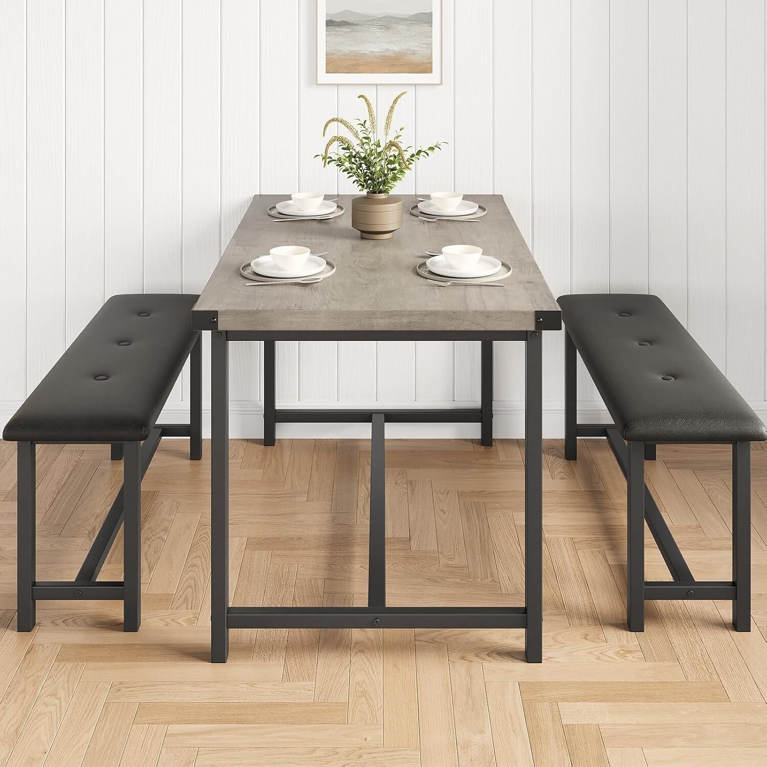 Dining Table Set for 4 Kitchen Table w/ Upholstered Benches Dining Room Kitchen