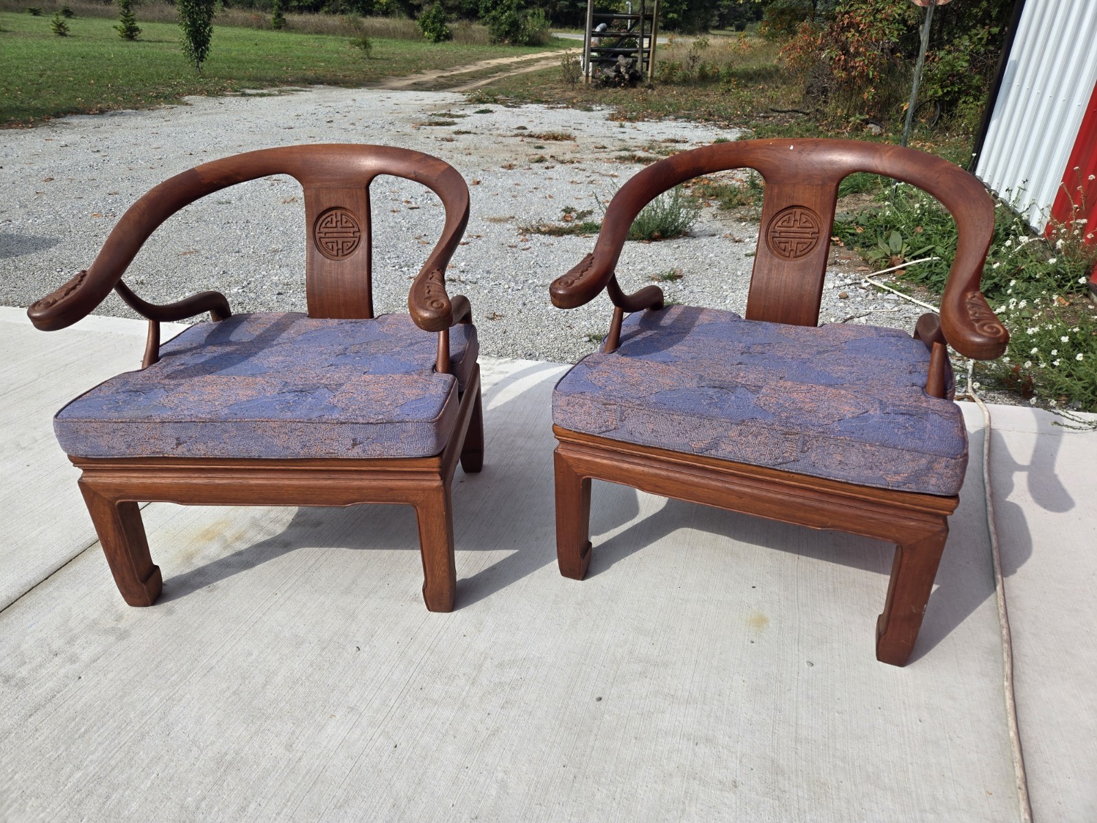 (Pair) Mid Century Chinese Teak Horseshoe Arm Chairs MCM