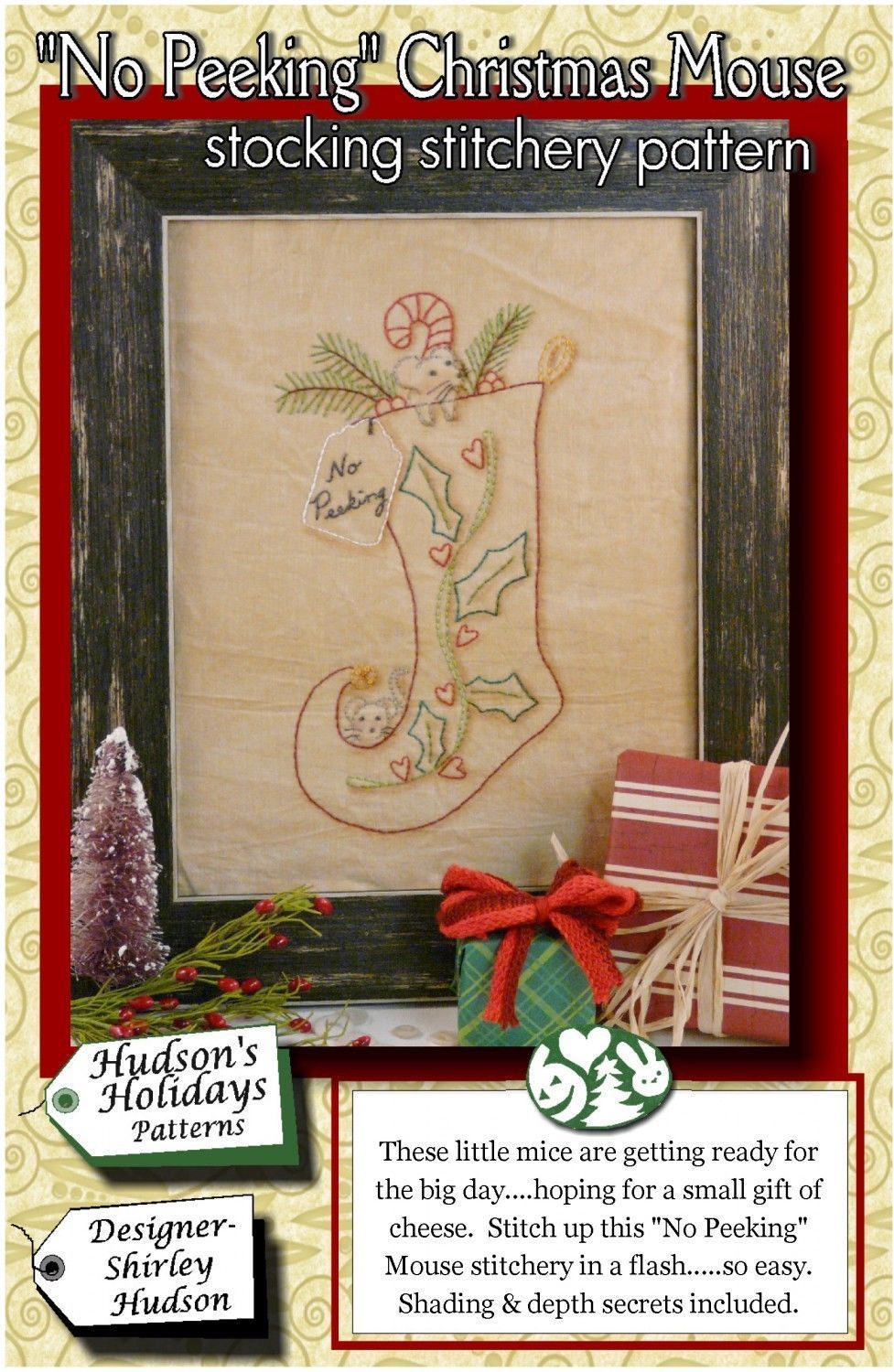 "No Peeking" Christmas Mouse stocking stitchery pattern #273 by Shirley Hudson