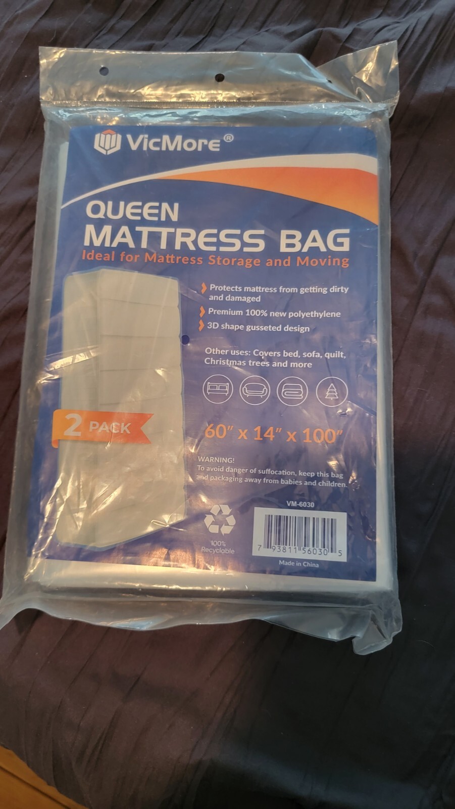 VicMore~Mattress Storage Bag~QUEEN~2pk~60x14x100in. New