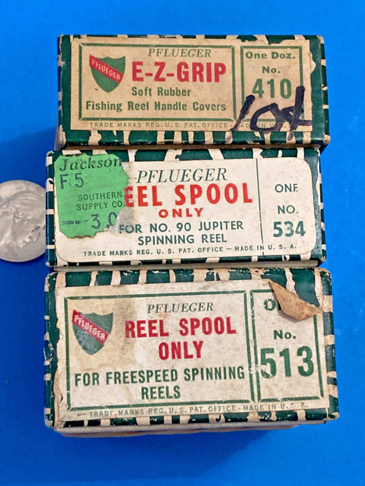 NOS VINTAGE LOT 3 FISHING REEL SPOOLS NEW PFLUEGER 513 534 (?) MIXED USA MADE