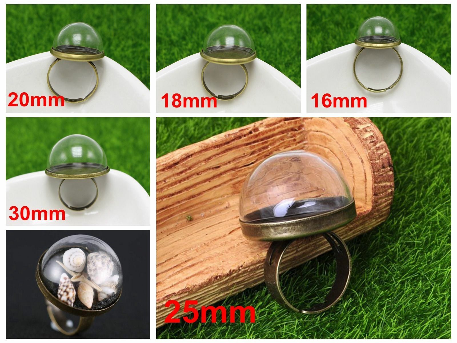 5Pcs Bronze Tone Adjustable Ring with Glass Terrarium 1/2 Globe Bottle 10mm-25mm