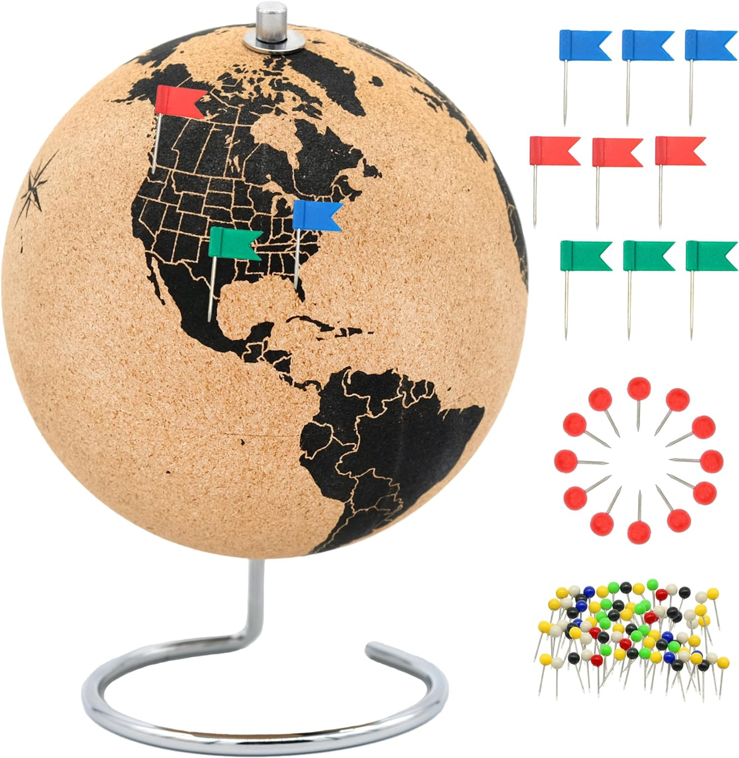 Beautiful Cork Globe with 102 Different Push Pins - Spinning Travel Globe 26cm /