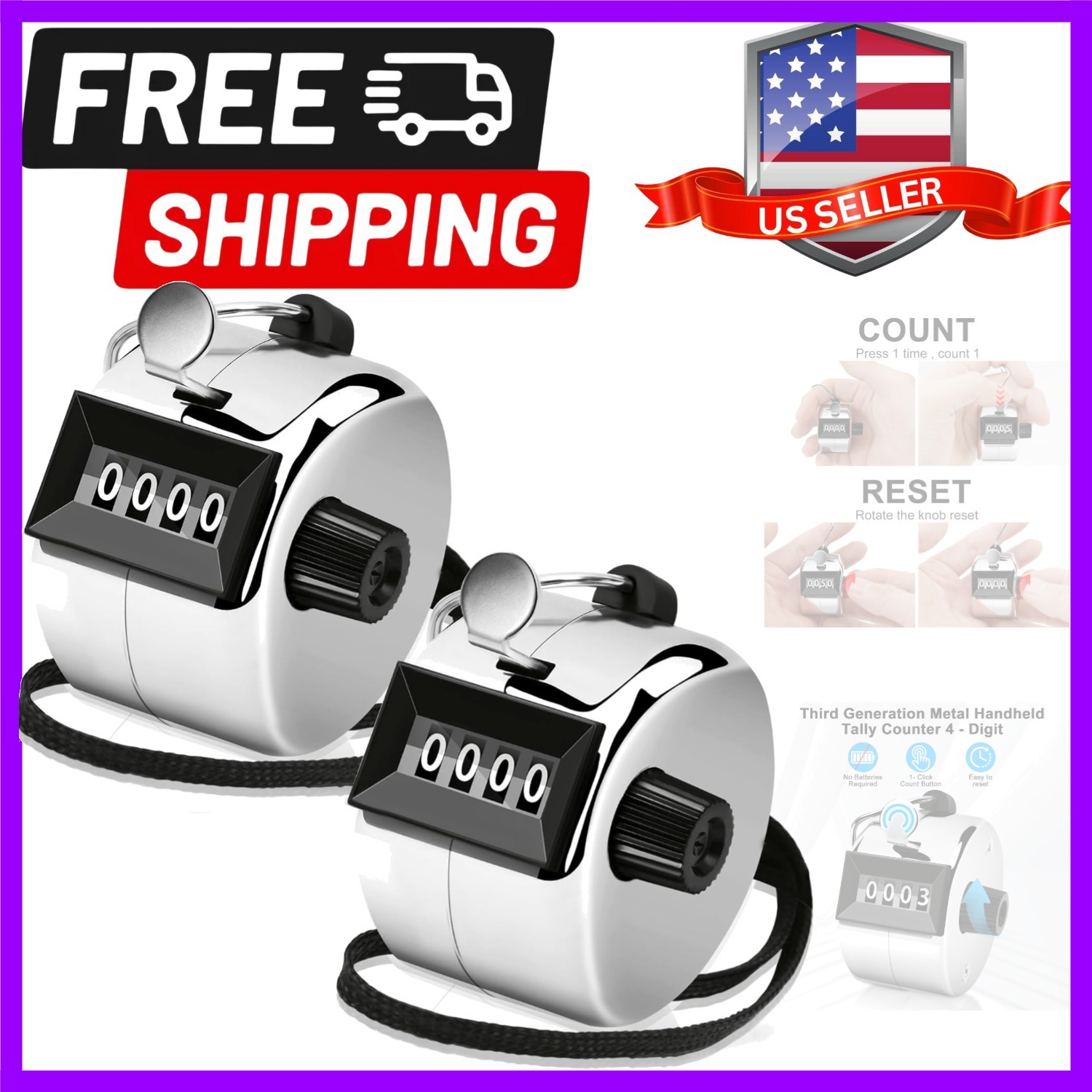 2 Pack Clicker Counter, Metal Hand Tally Counter Clicker, 4 Digit Mechanical ...