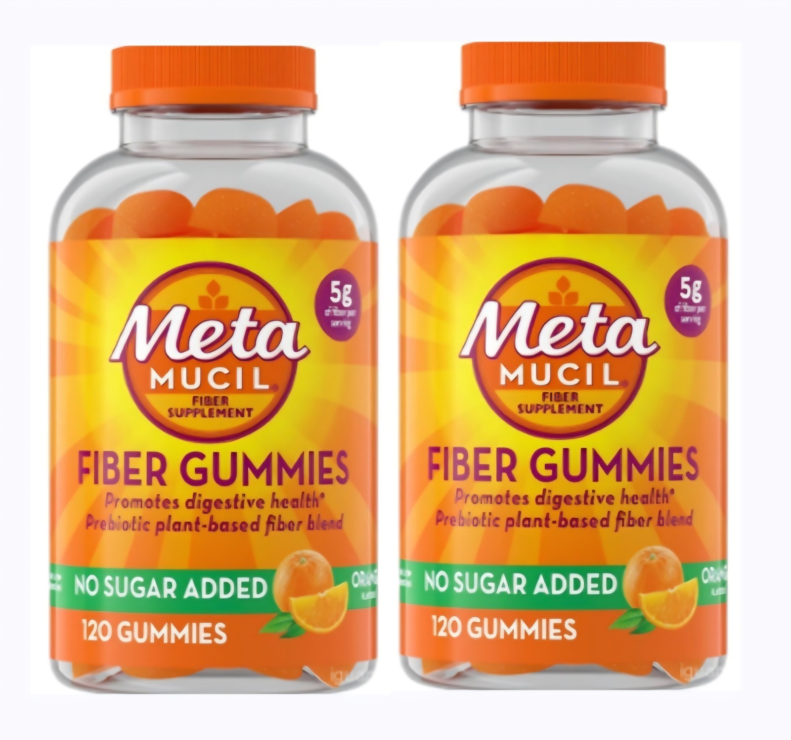 2x Metamucil 120ct/bottle Fiber Gummies For Adults, No Sugar Added Orange Flavor