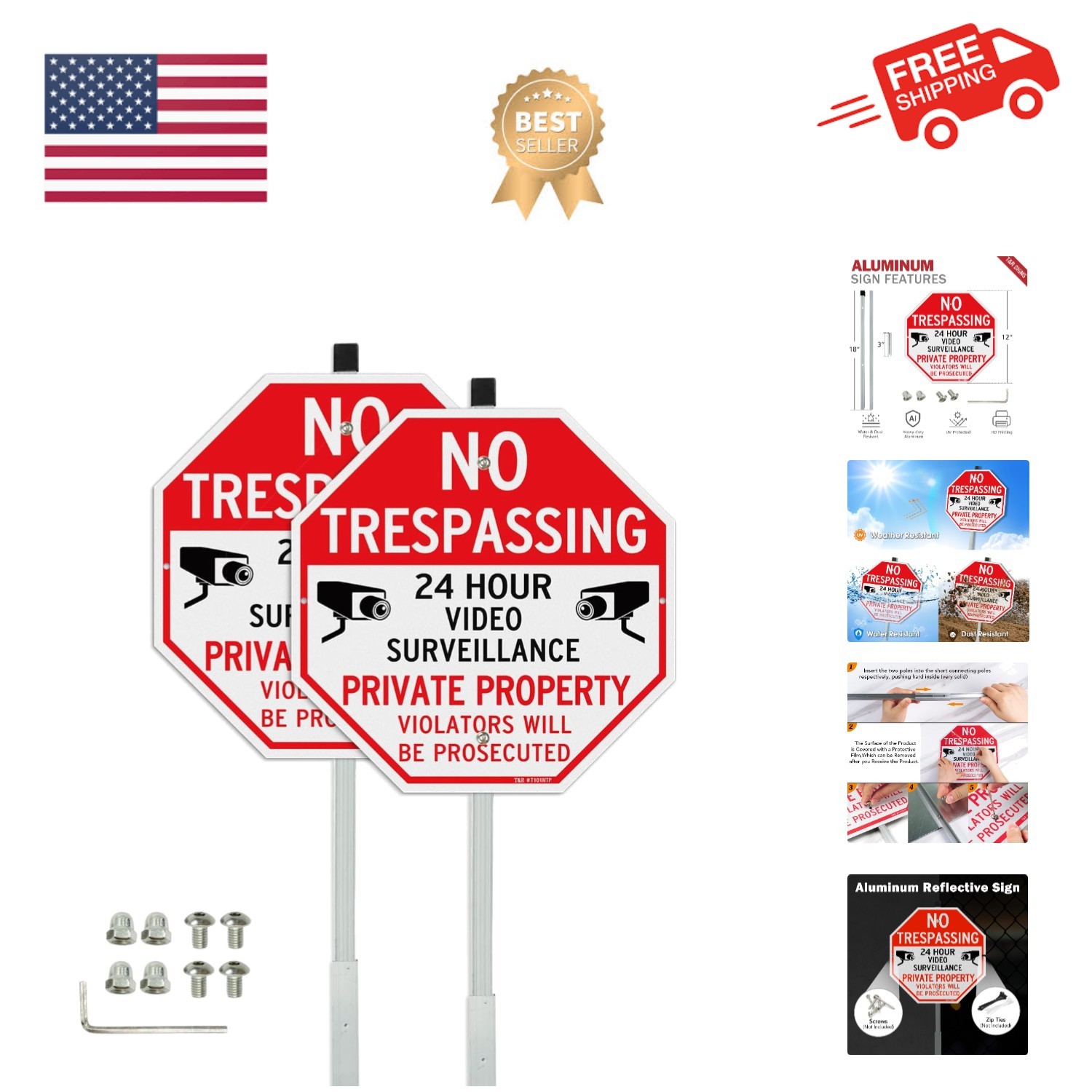 Large No Trespassing Private Property Sign Video Surveillance Sign with 36" S...