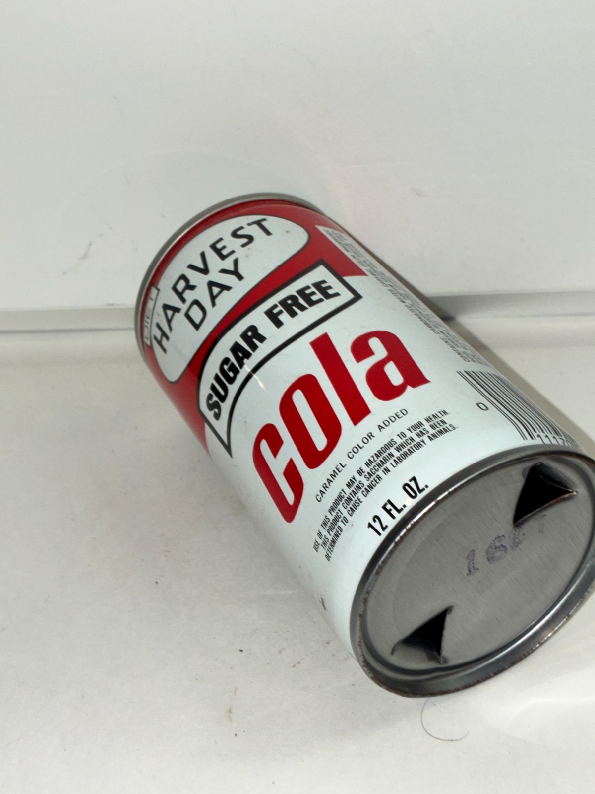 Diet Harvest Day Sugar Free Soda can, crimped, bar code, bottom opened