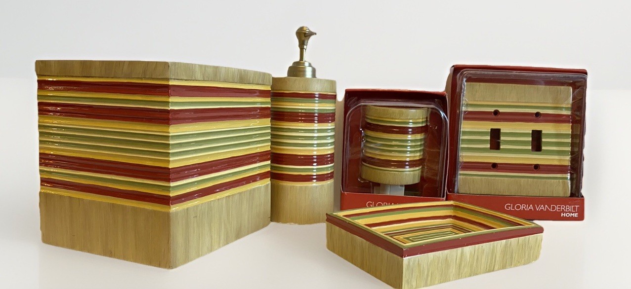 Gloria Vanderbilt Home Bathroom Accessory Set 5 Piece Geranium Stripe Lot