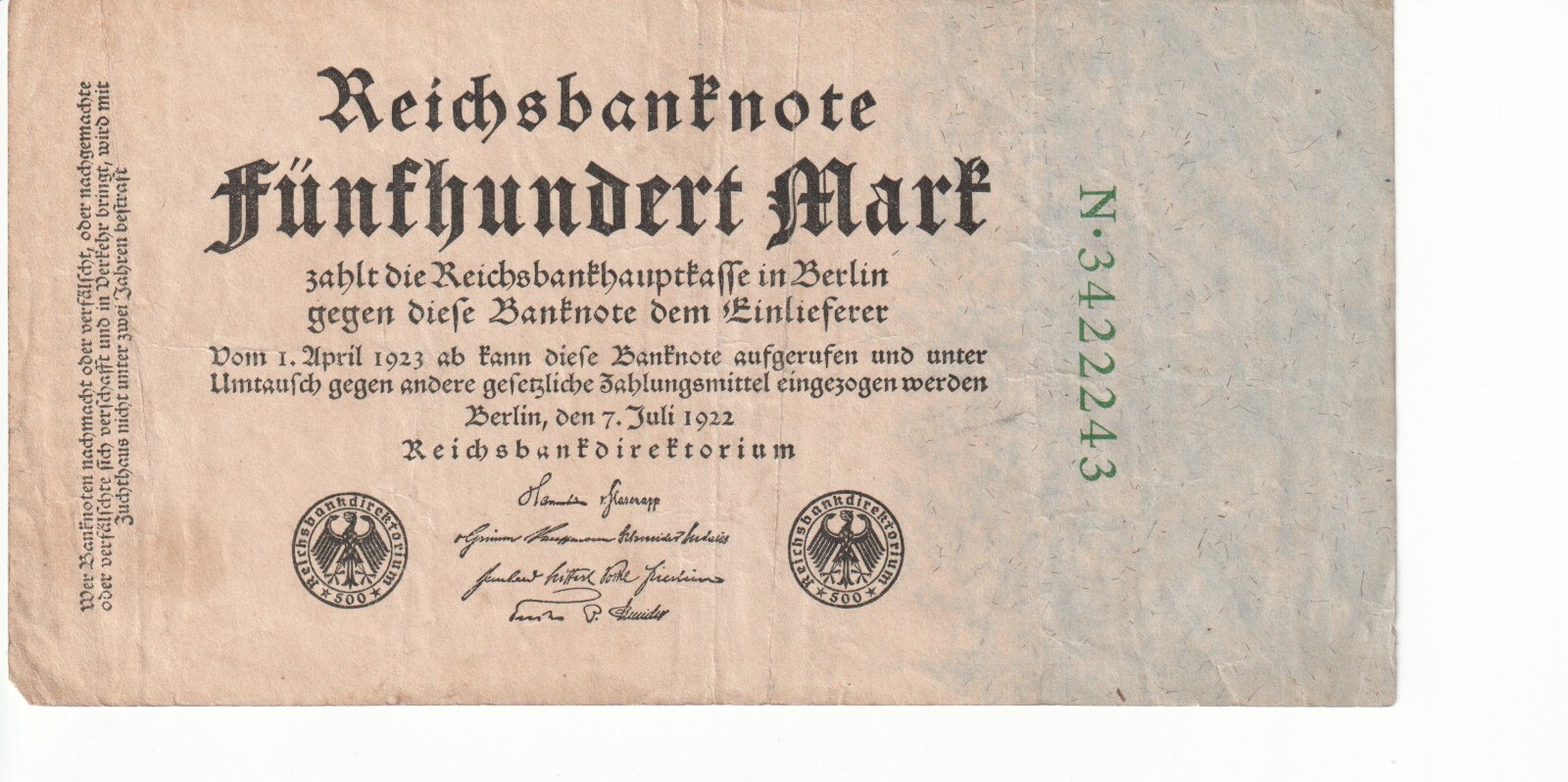 1922 Germany 500 ReichsBanknote - P# 74 - Fine - # 23974