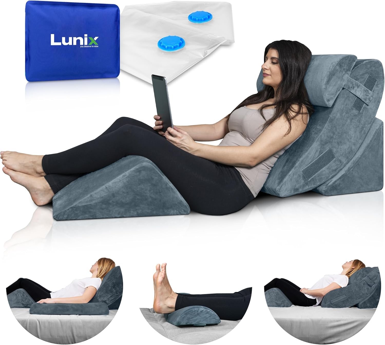 Bed Wedge Pillow Set 4 Piece Memory Foam Navy