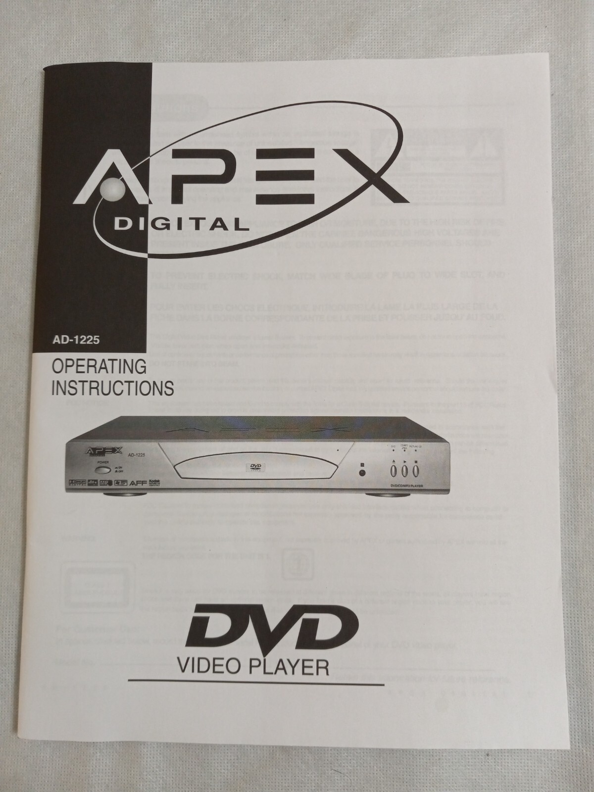 APEX DVD Video Player OPERATING INSTRUCTIONS AD-1225