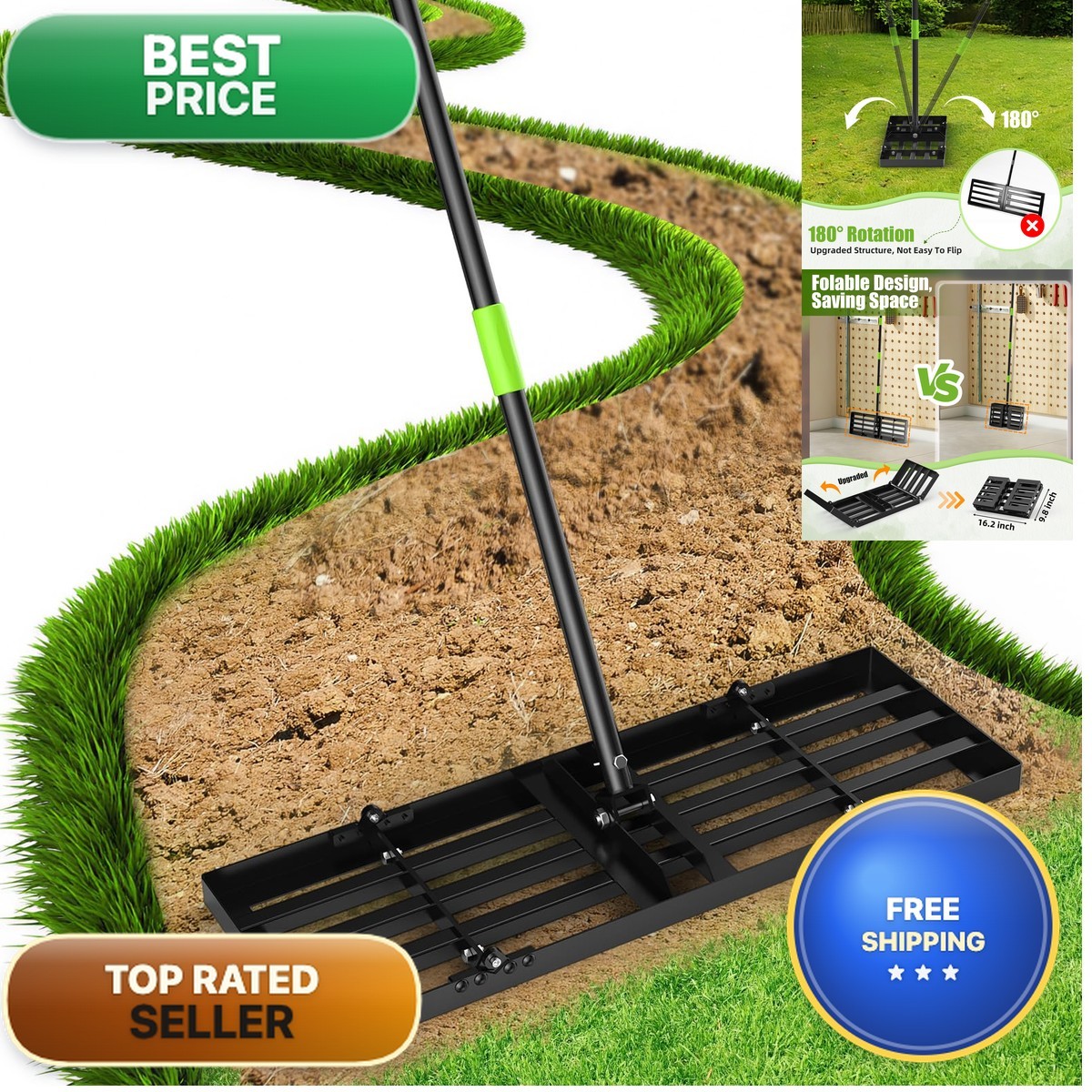 Gardtech LR002-30IN-BL 30x10 Inch Heavy Duty Adjustable Handle Landscape Rake
