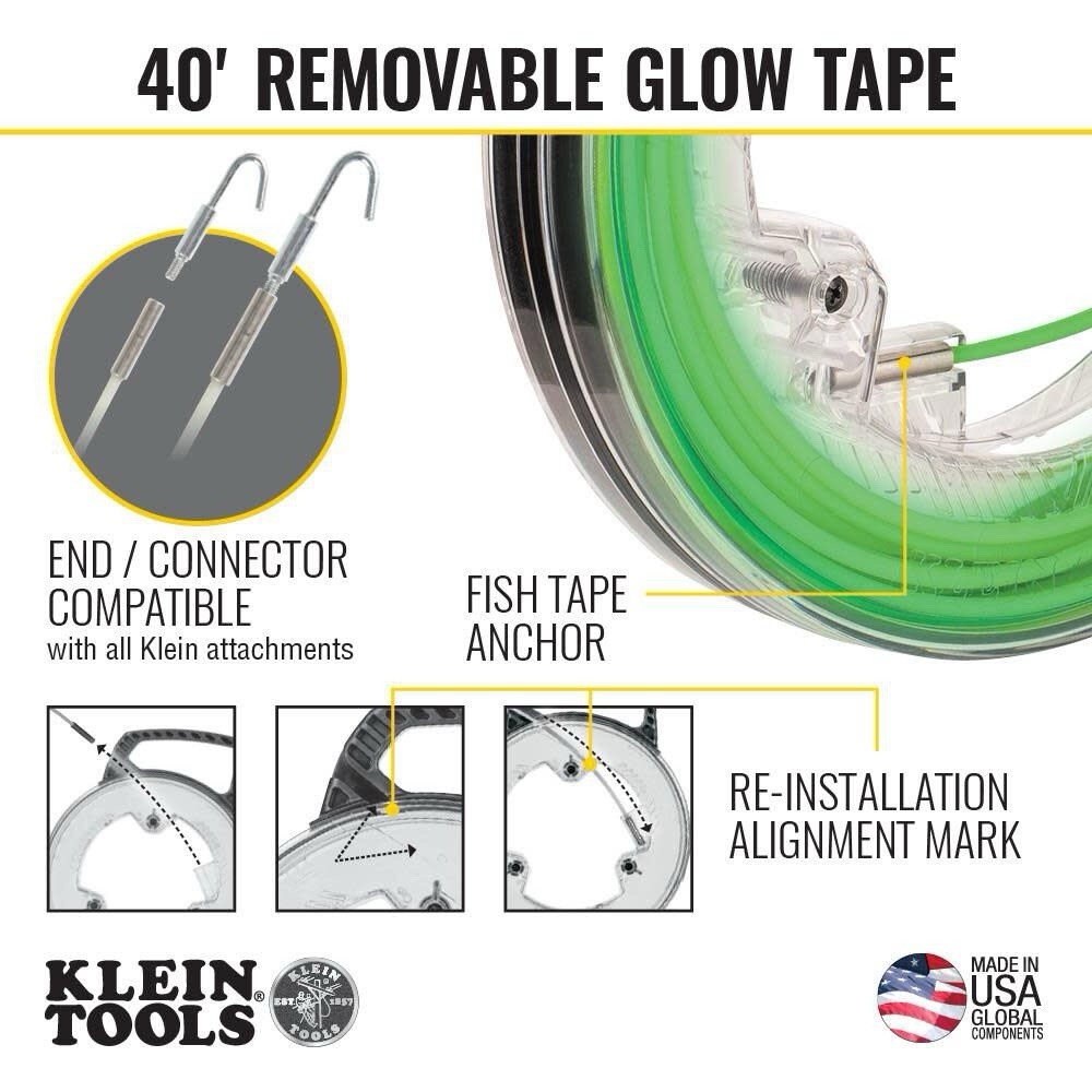 Klein Tools 40' Glow Fish Tape Green/Clear, Removable Tip, Impact Handle
