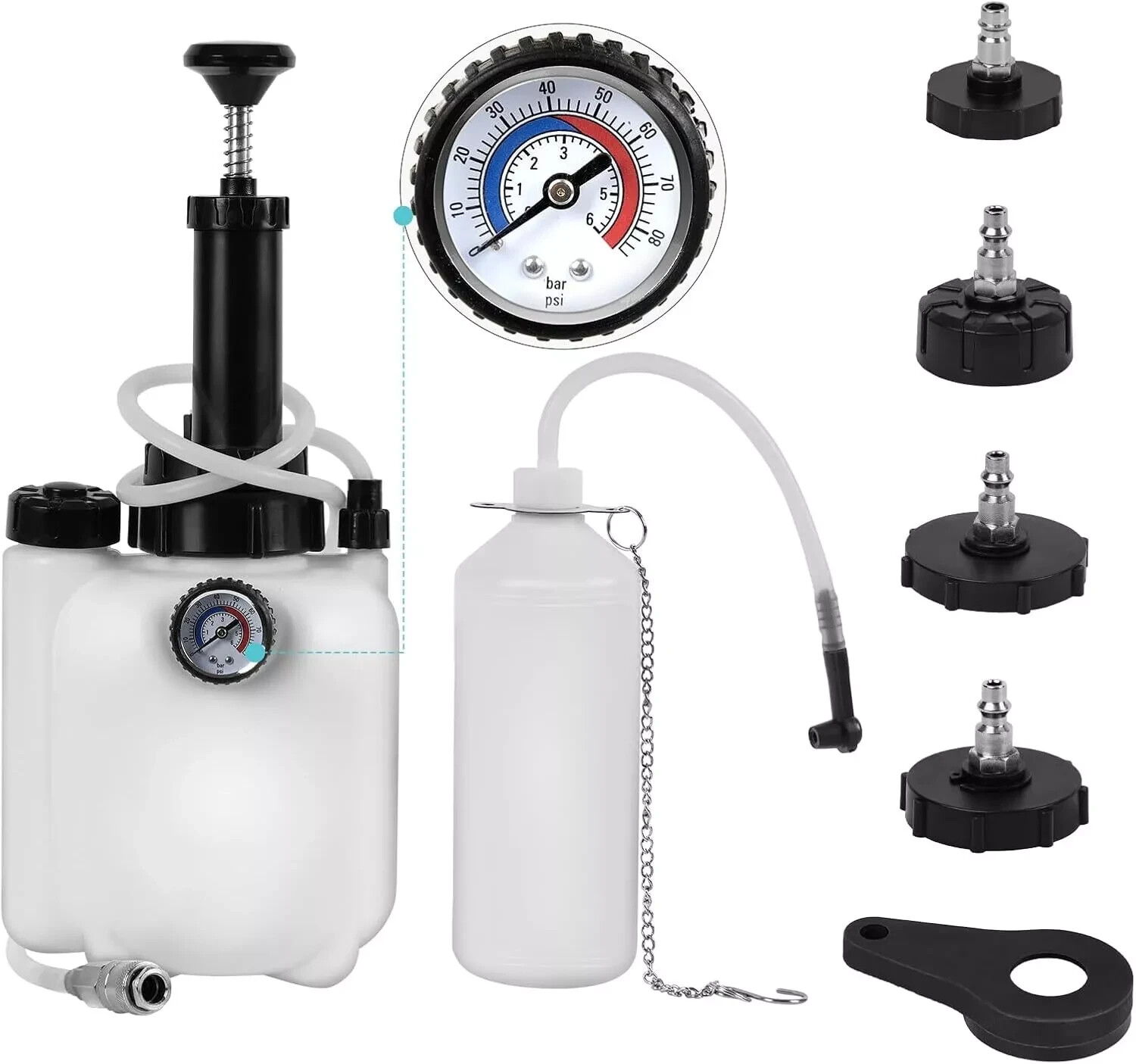 3L Manual Brake Bleeder Kit with 4 Master Cylinder Adapters 1L Bottle & Gauge