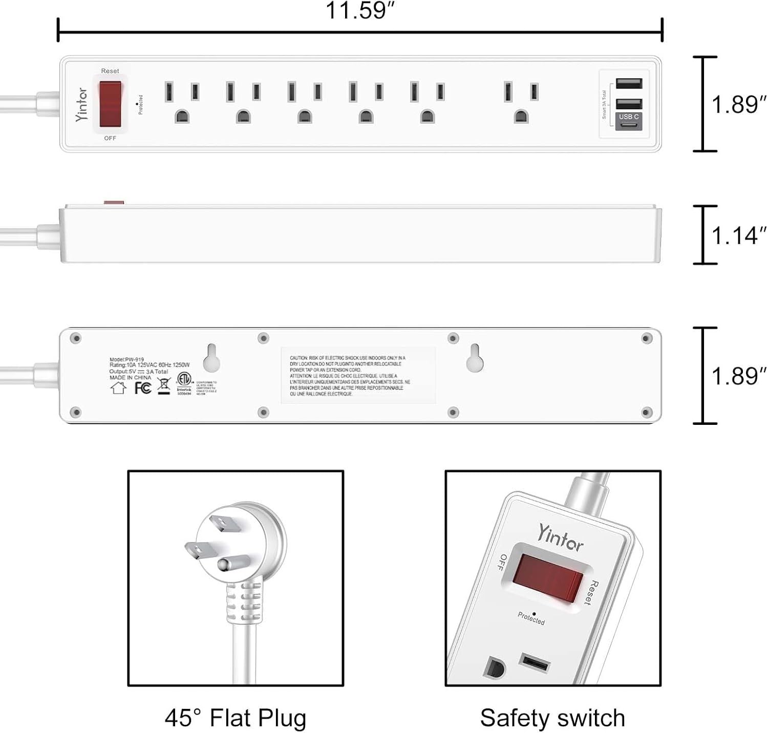 Listed 6 Ft Surge Protector with 6 AC Outlets & Smart USB Charging – White