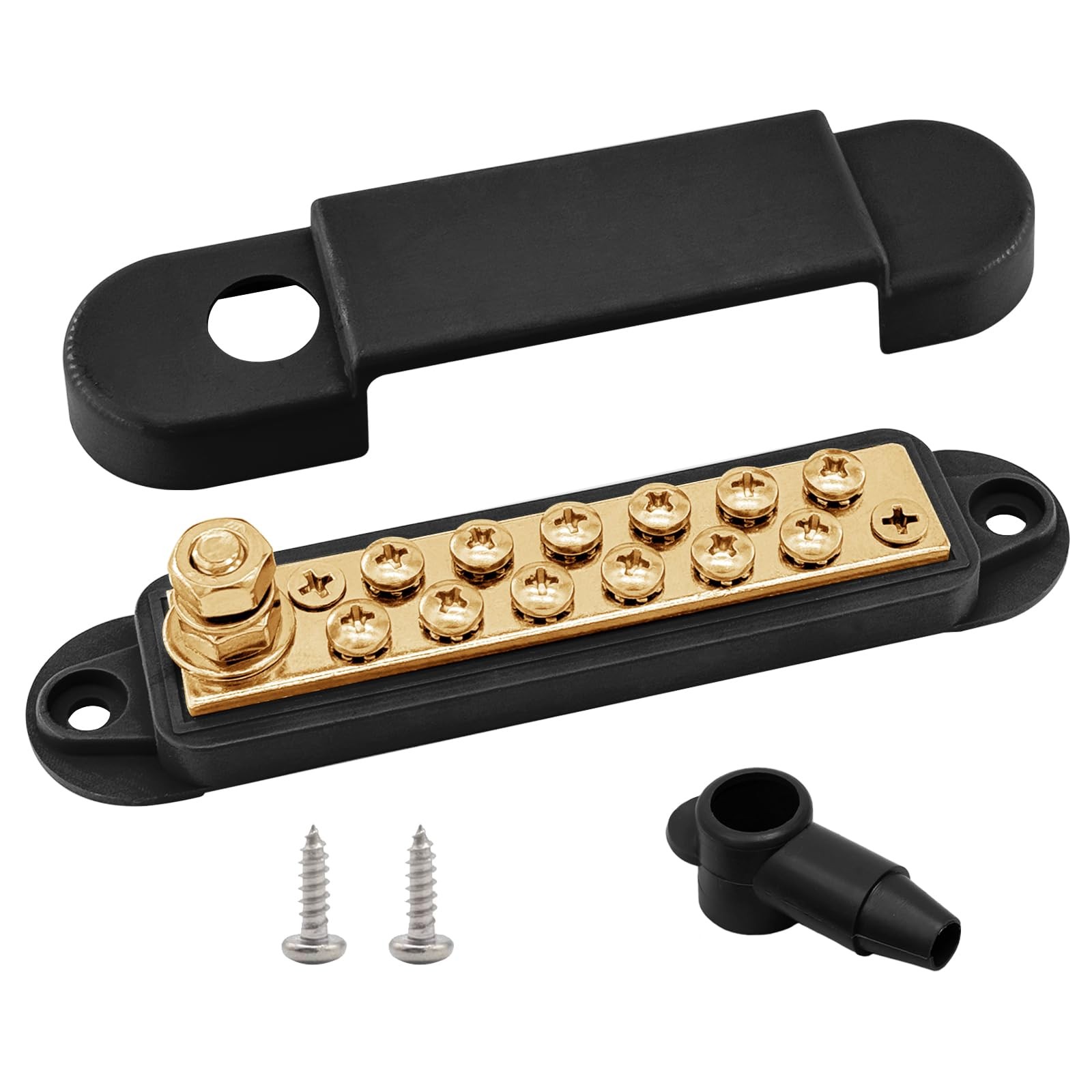 1/4" Stud Power Distribution Block Bus Bar with 12 x #8 Screws, Brass, Black