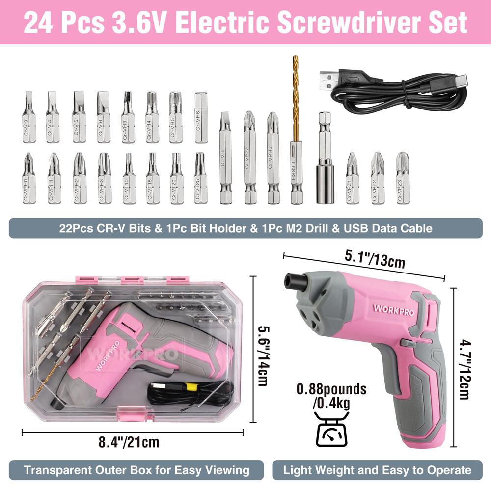 WORKPRO 3.6V Cordless Screwdriver Set Rechargeable Eccentric Screwdriver 24 Bits