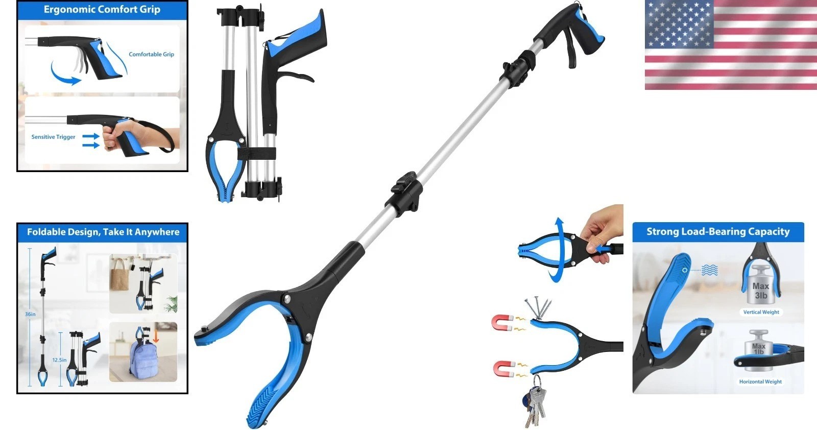 Ergonomic 36-Inch Grabber Tool for Limited Mobility - Foldable & Adjustable