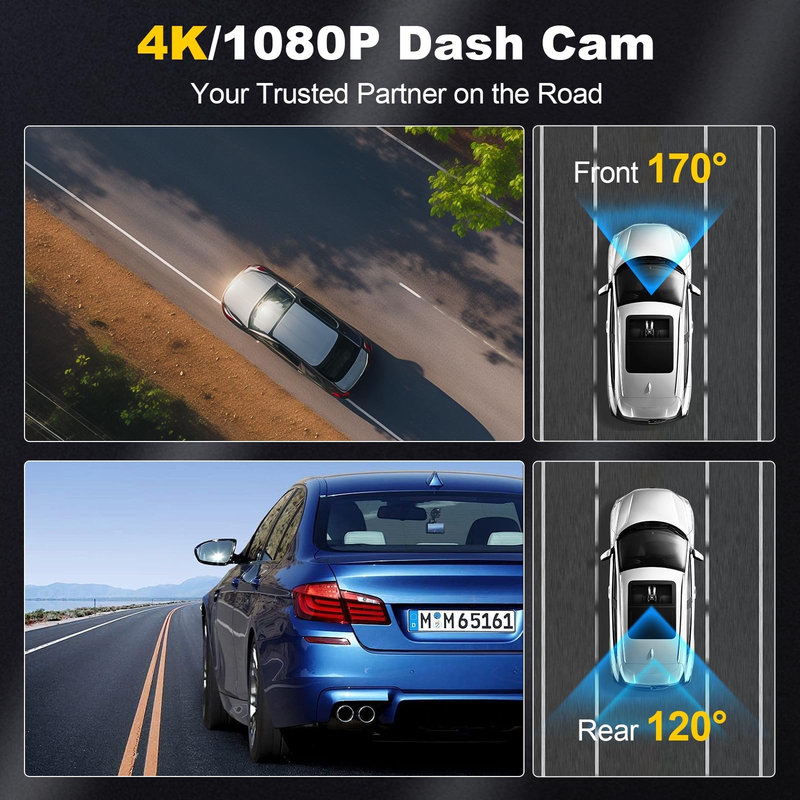 Dash Camera, 4K/1080p Dash Camera Front and Rear, Built-in 5GWiFi, Dash Cam w...