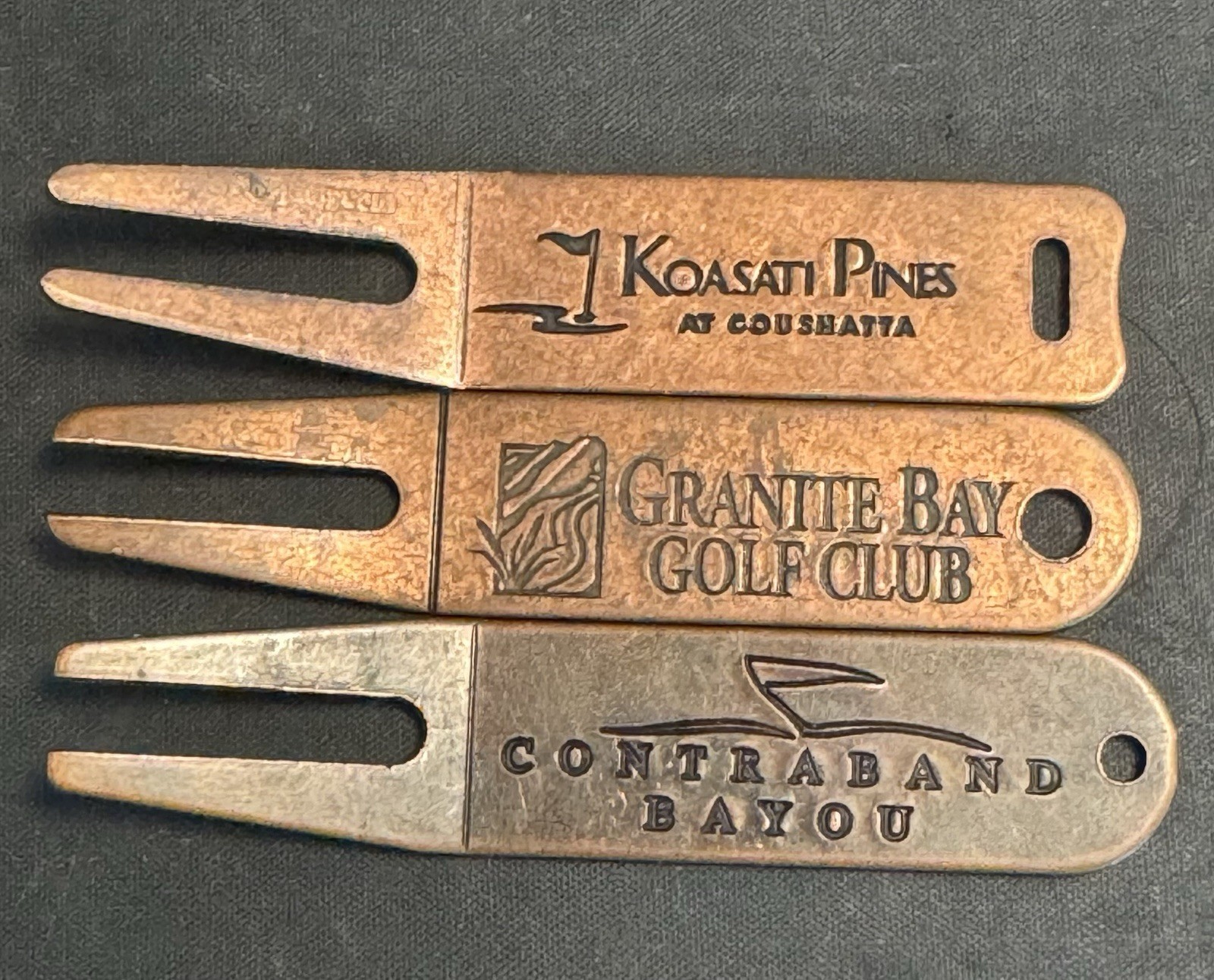 3 Vintage Brass Divot Tools “Koasati Pines”, “Contraband Bayou” & “Granite Bay”