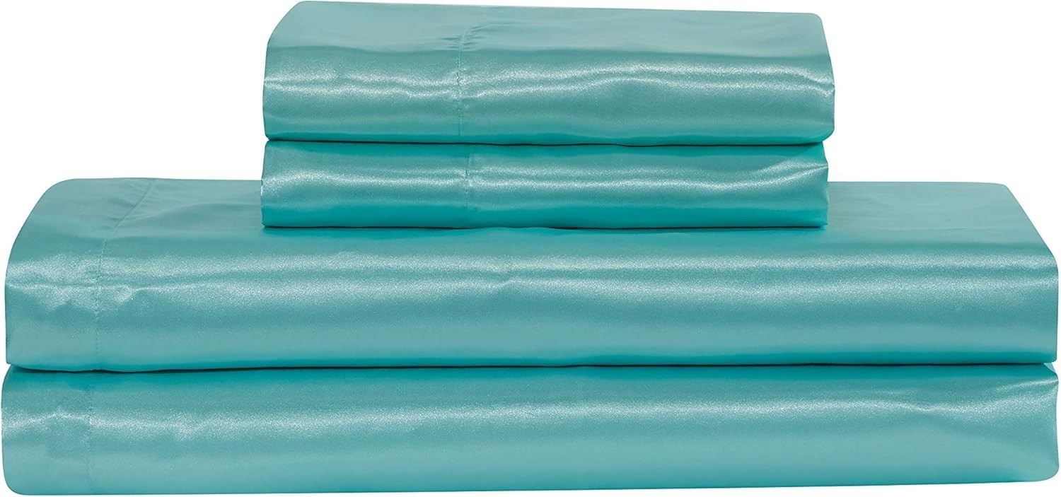 Luxurious 4pc Aqua Blue Queen Sheet Set - Soft Silky Satin with Deep Pockets