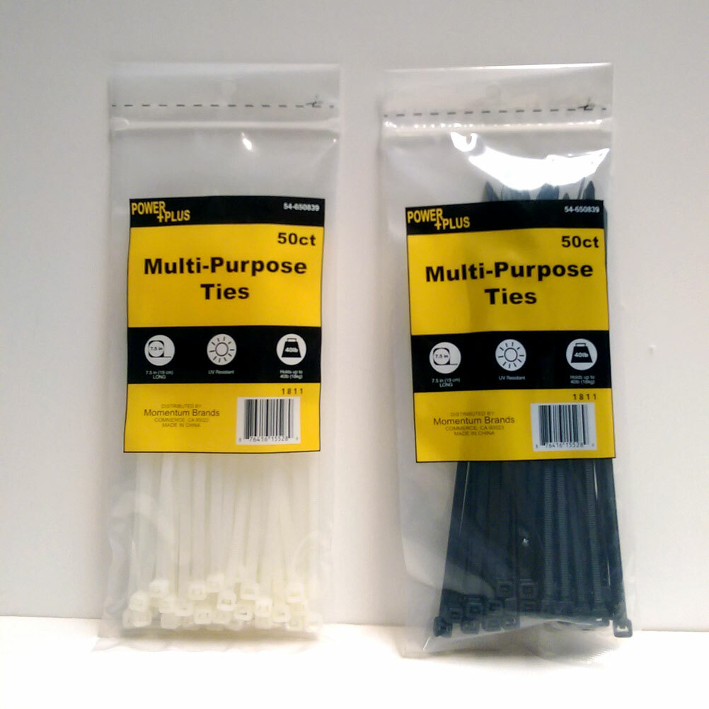 Power 100 ct Multi-Purpose 7.5" Long Gear Cable Zip Ties Wire Ties White, Black