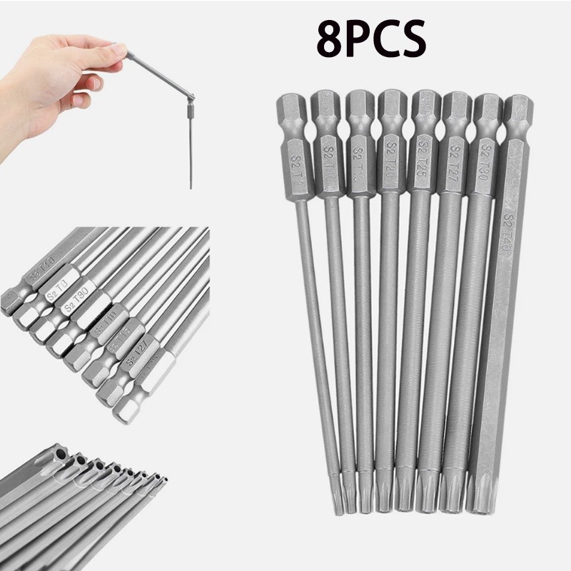8PCS Torx Screwdriver Drill Bit Set 100MM Extra Long Hex Security Magnetic