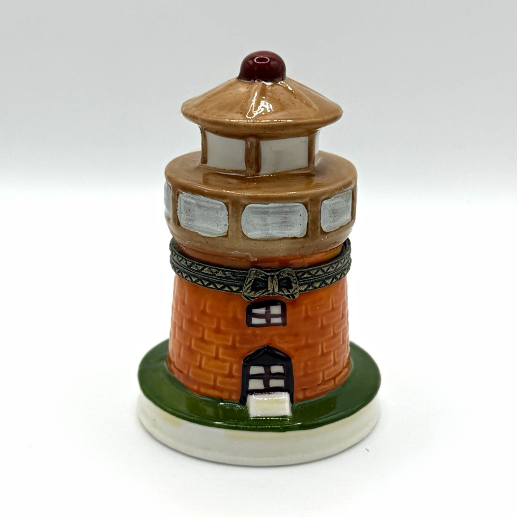 Lighthouse Trinket Box Ceramic Glossy Lidded Multicolor Nautical Brick