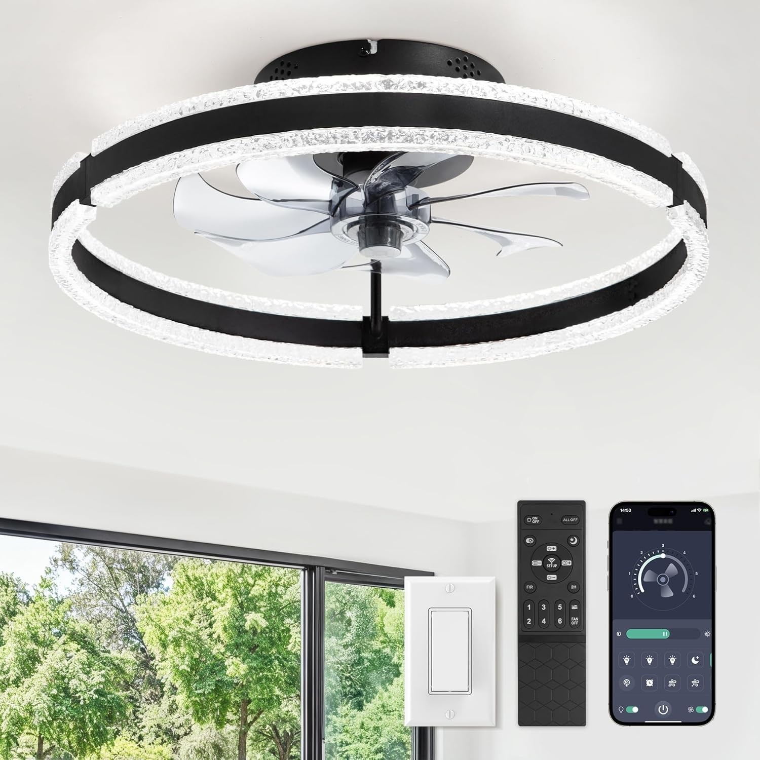 Modern Ceiling Fan with Light 20in Remote Dimmable Flush Mount 6 Speed