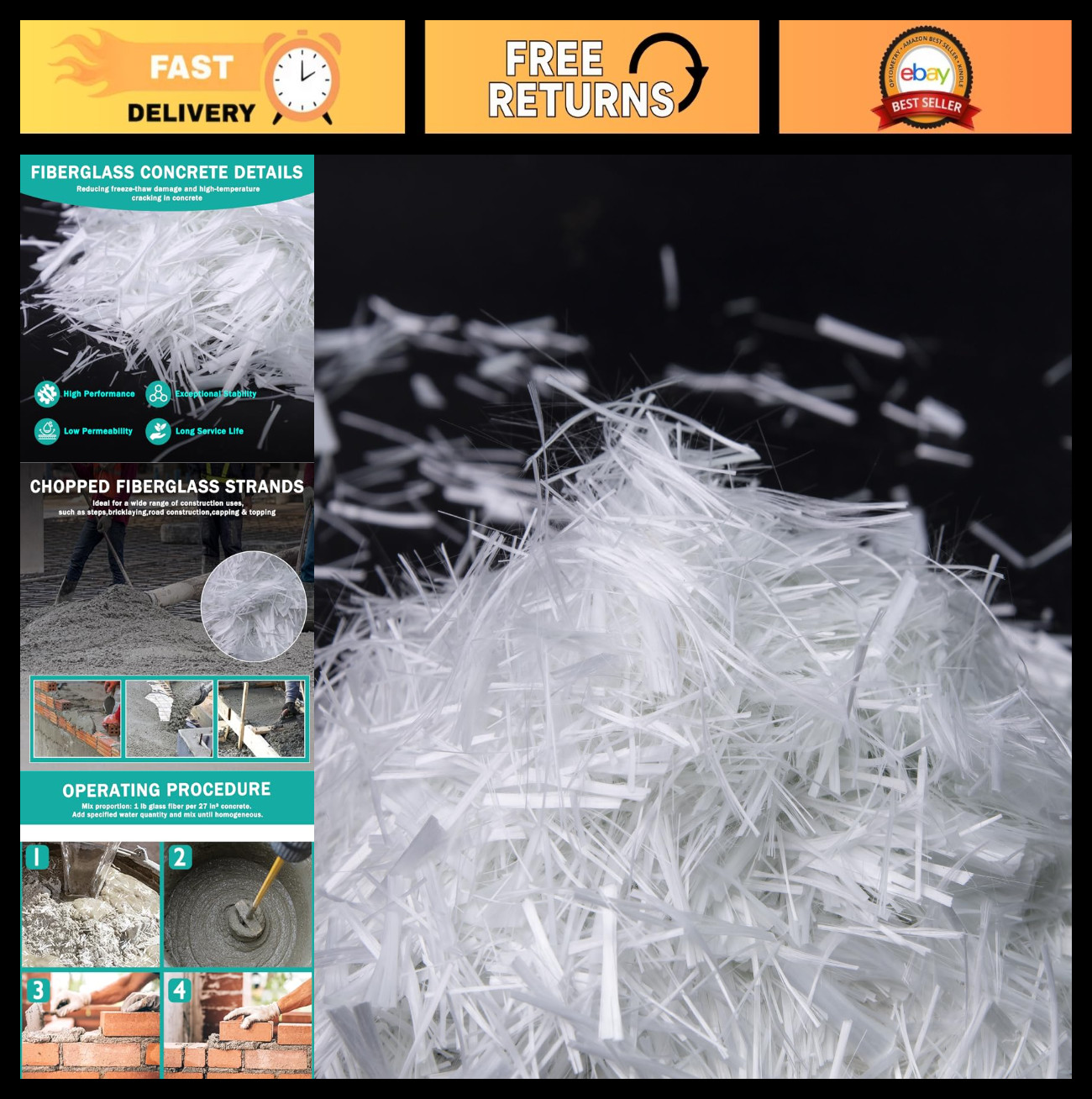 Concrete Fiberglass Reinforcement 3/4" Chopped Strand AR-Glass Fiber 4.5LB White
