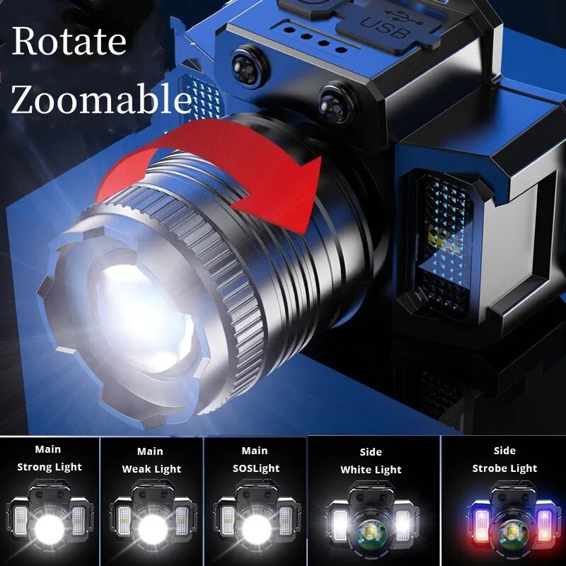 Super Bright LED Headlamp Flashlight USB Rechargeable Headlight Waterproof Lamp
