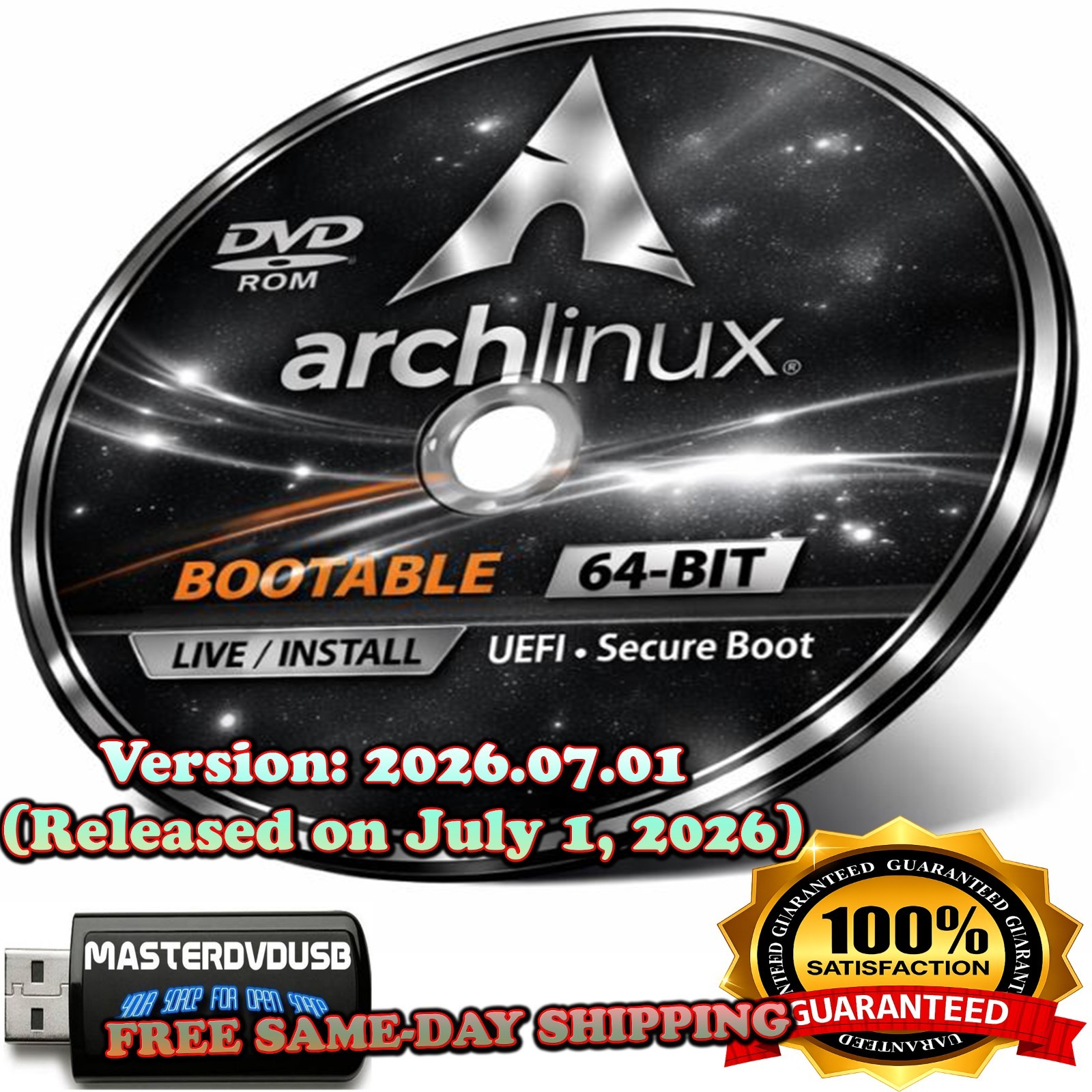 Arch Linux 2026.07.01 Bootable DVD  Grade AAA+ Lazer Printed Label Free Shipping