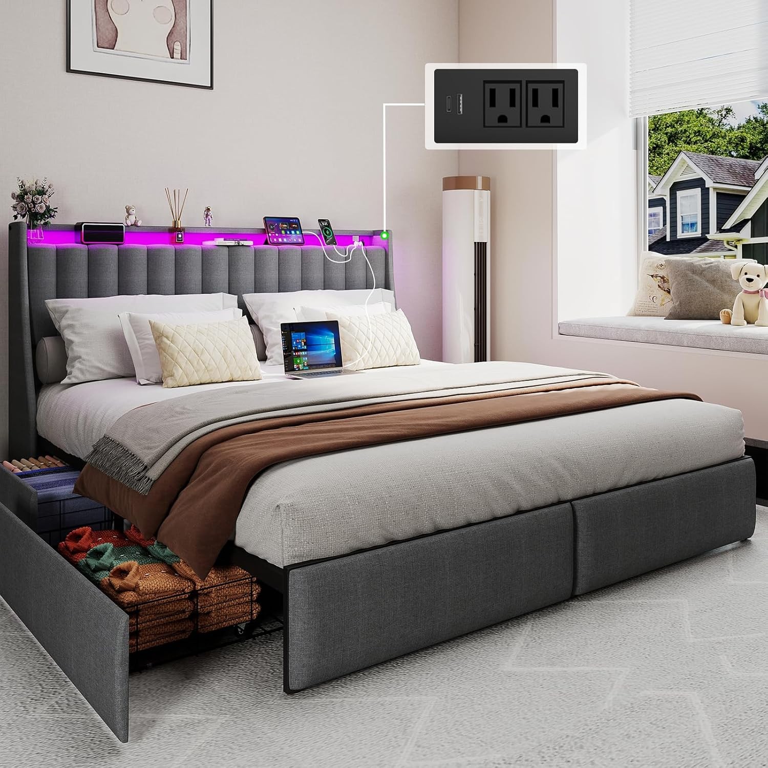 Full Queen King LED Upholstered Bed Frame with Storage DrawerS,Charging Station