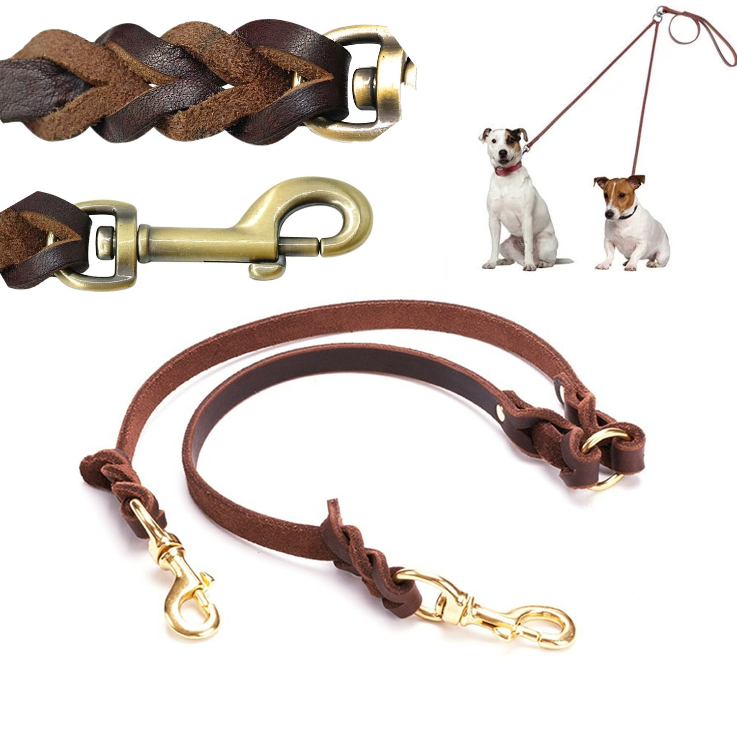 Double Dog Leash Heavy Duty Genuine Leather Braided Coupler Leash for 2 Dogs